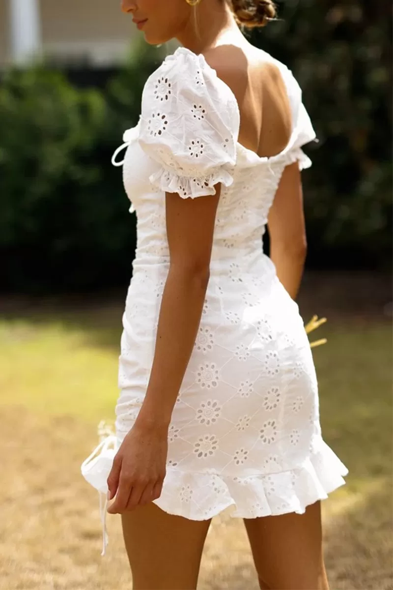 Frill White Cotton Eyelet Shirred Criss Cross Ruffle Hem Dress