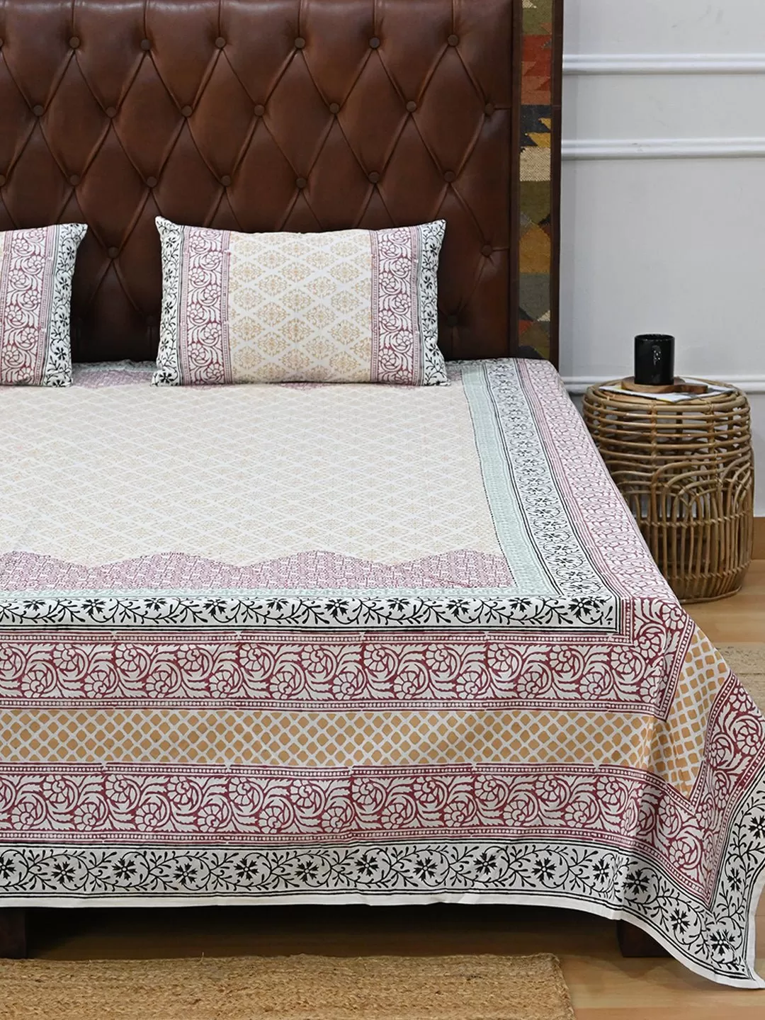 GEOMETRIC MULTICOLOR COTTON BLOCK PRINTED DOUBLE BEDSHEET WITH PILLOW