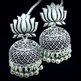 German Silver Oxidised Jhumkas with Lotus stud