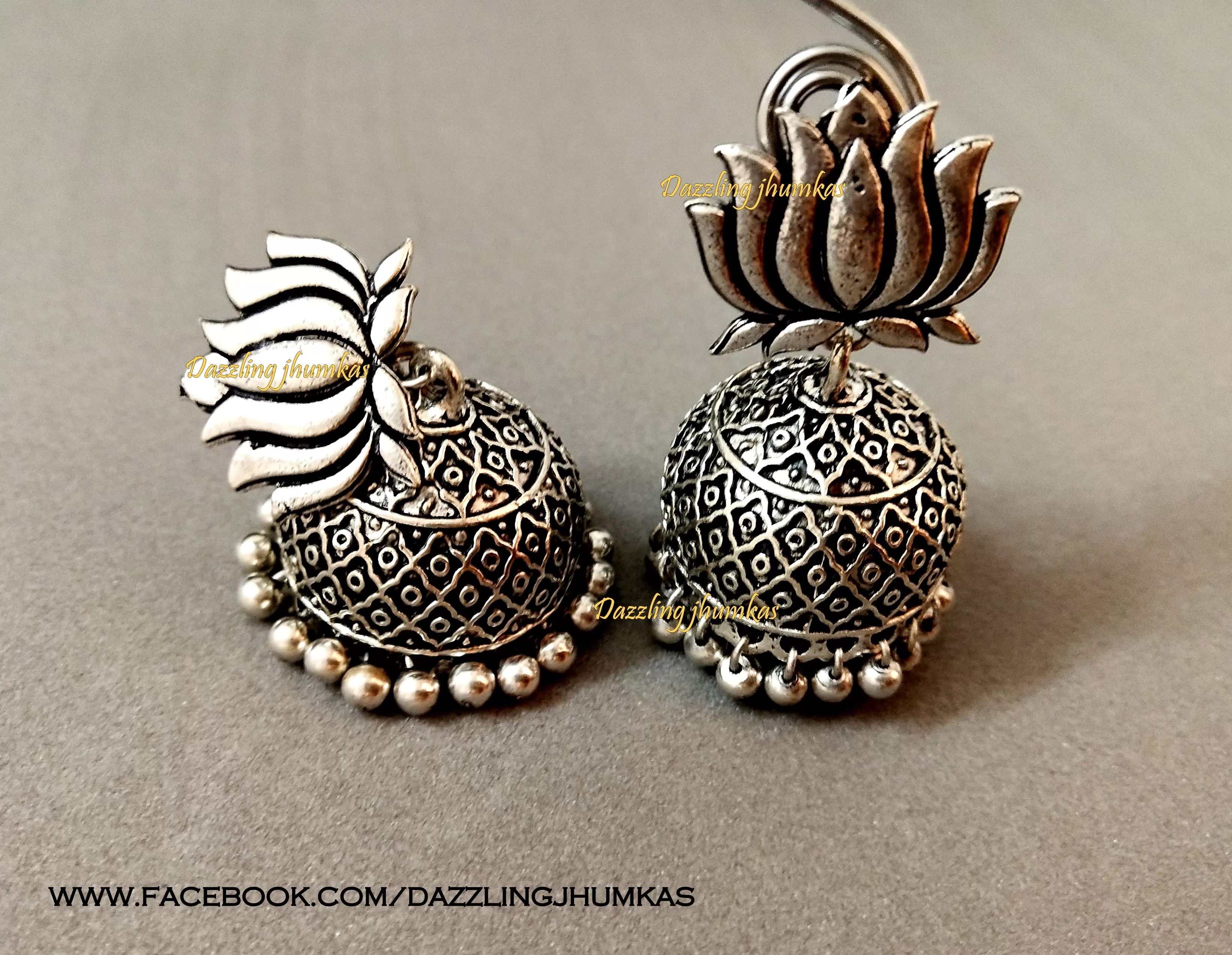 German Silver Oxidised Jhumkas with Lotus stud