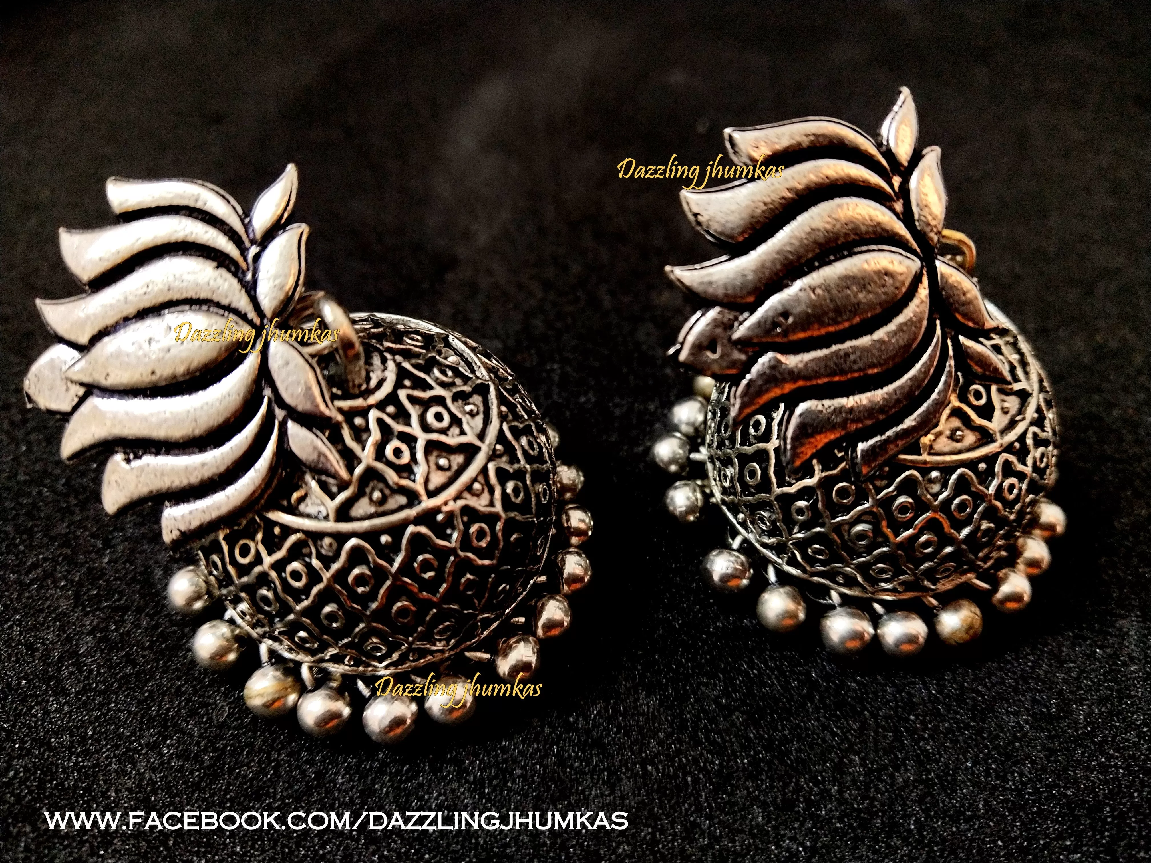 German Silver Oxidised Jhumkas with Lotus stud