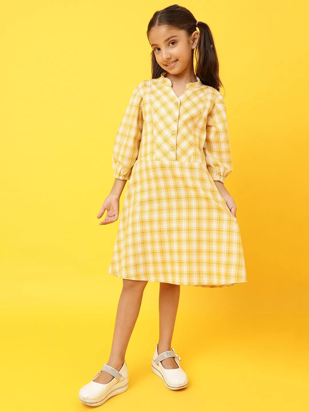 Girls Yellow Cotton Blend Regular Fit Checks Dress