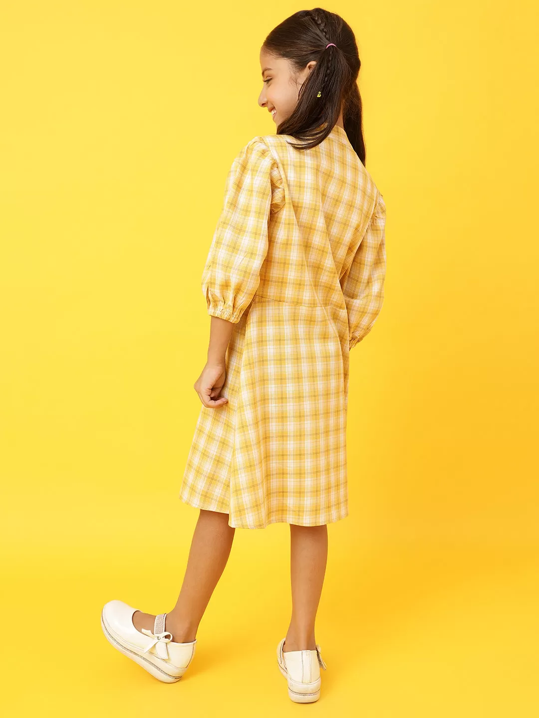 Girls Yellow Cotton Blend Regular Fit Checks Dress