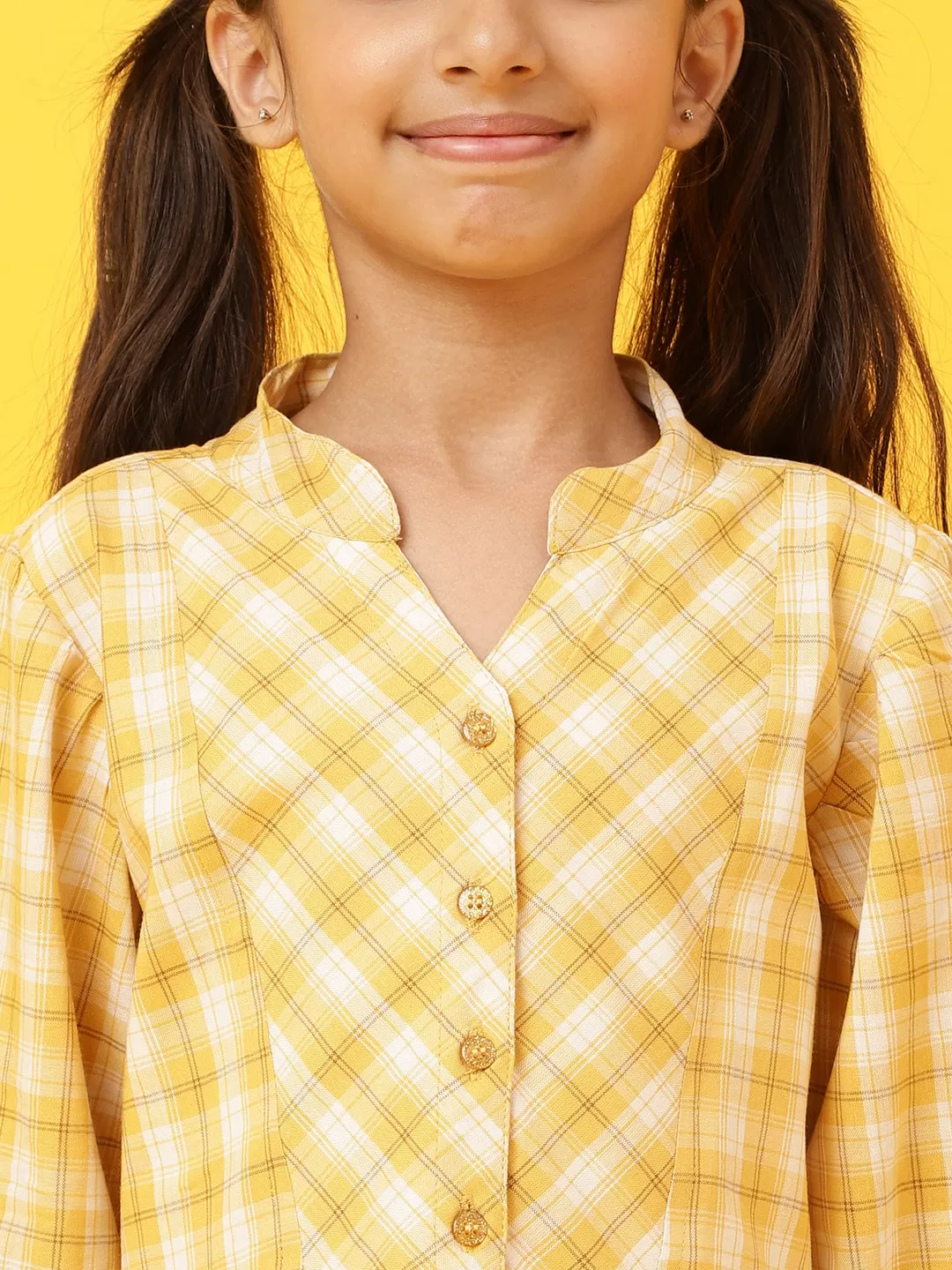 Girls Yellow Cotton Blend Regular Fit Checks Dress