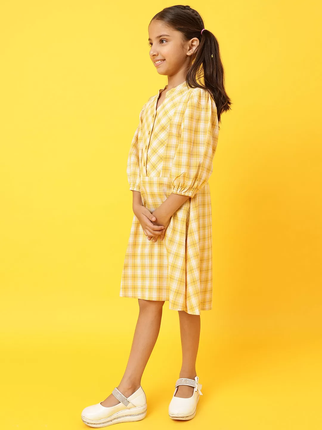 Girls Yellow Cotton Blend Regular Fit Checks Dress