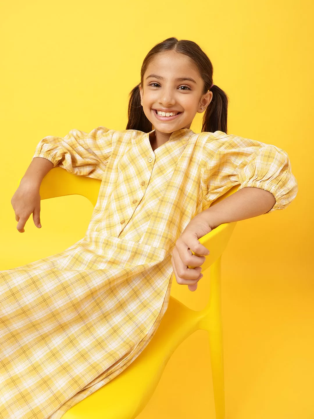 Girls Yellow Cotton Blend Regular Fit Checks Dress