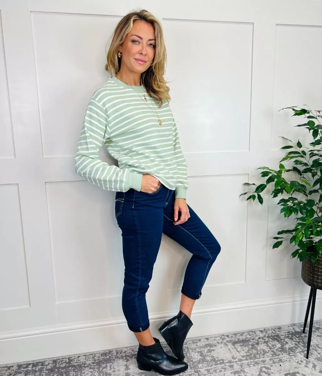 Green Striped Button Shoulder Sweatshirt