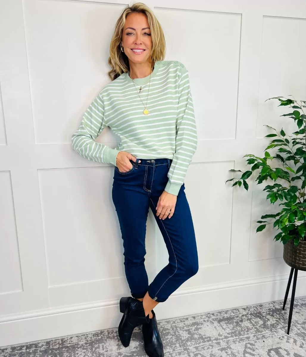 Green Striped Button Shoulder Sweatshirt