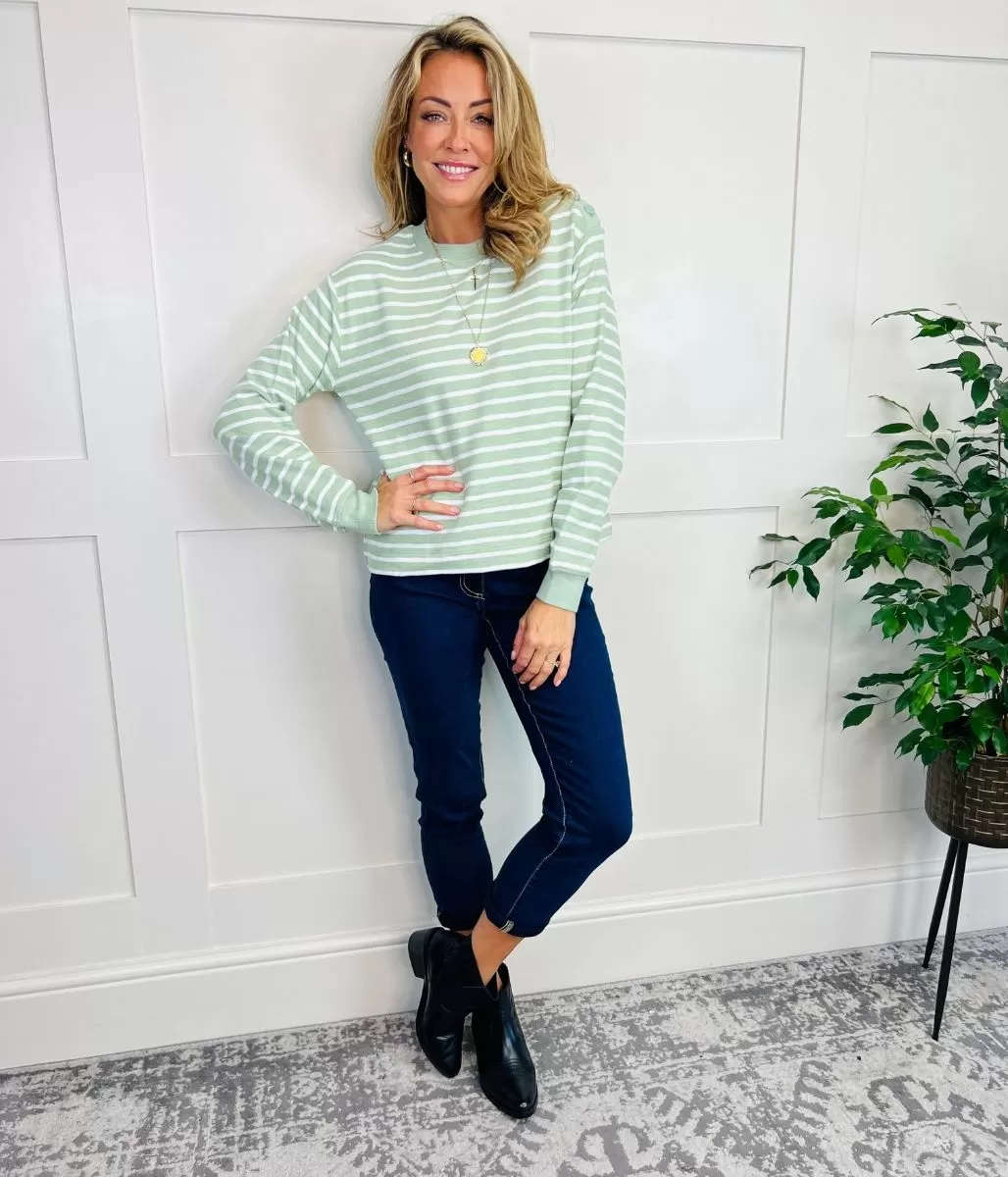 Green Striped Button Shoulder Sweatshirt