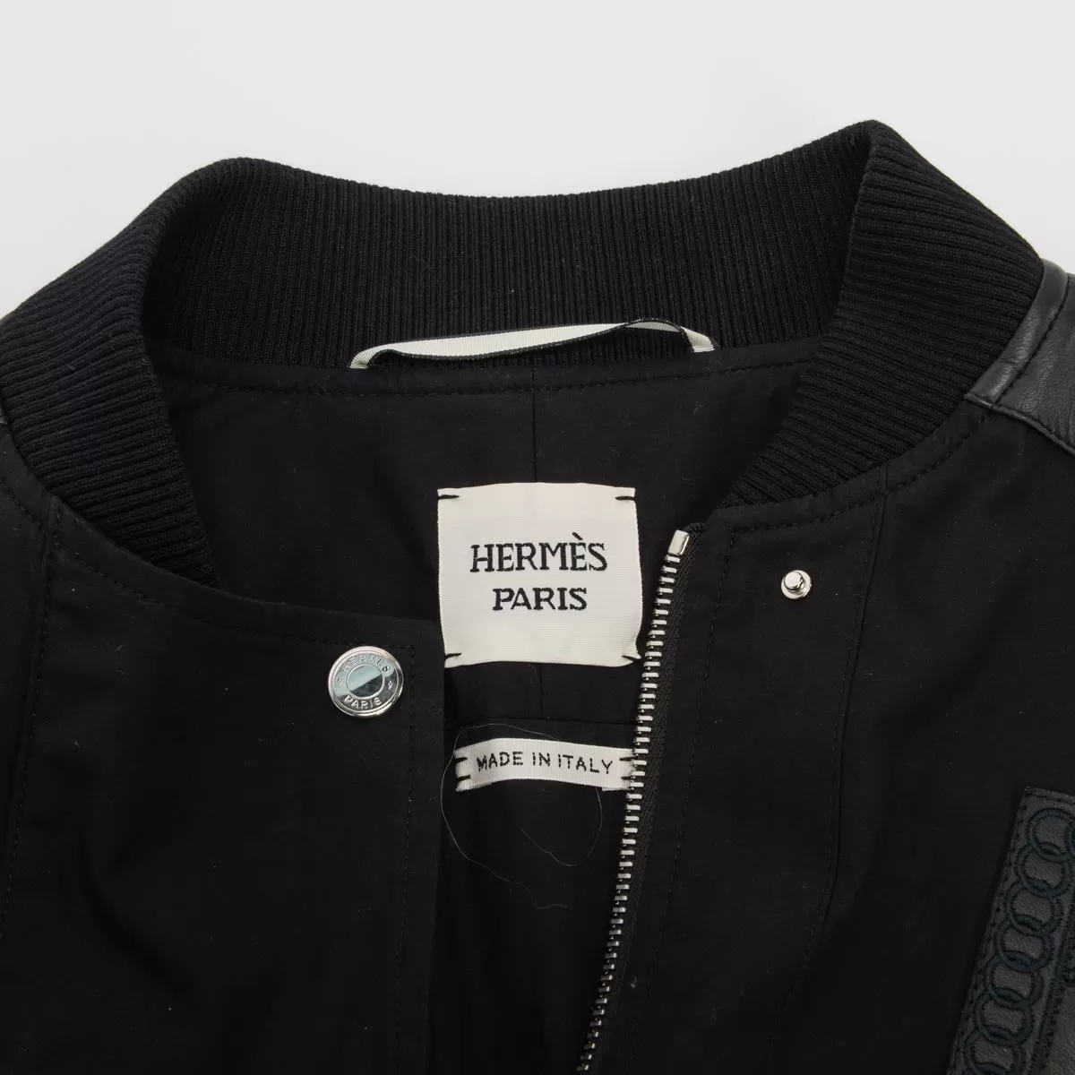 Hermes Black Cotton & Lambskin Embroidered Bomber Jacket FR 38