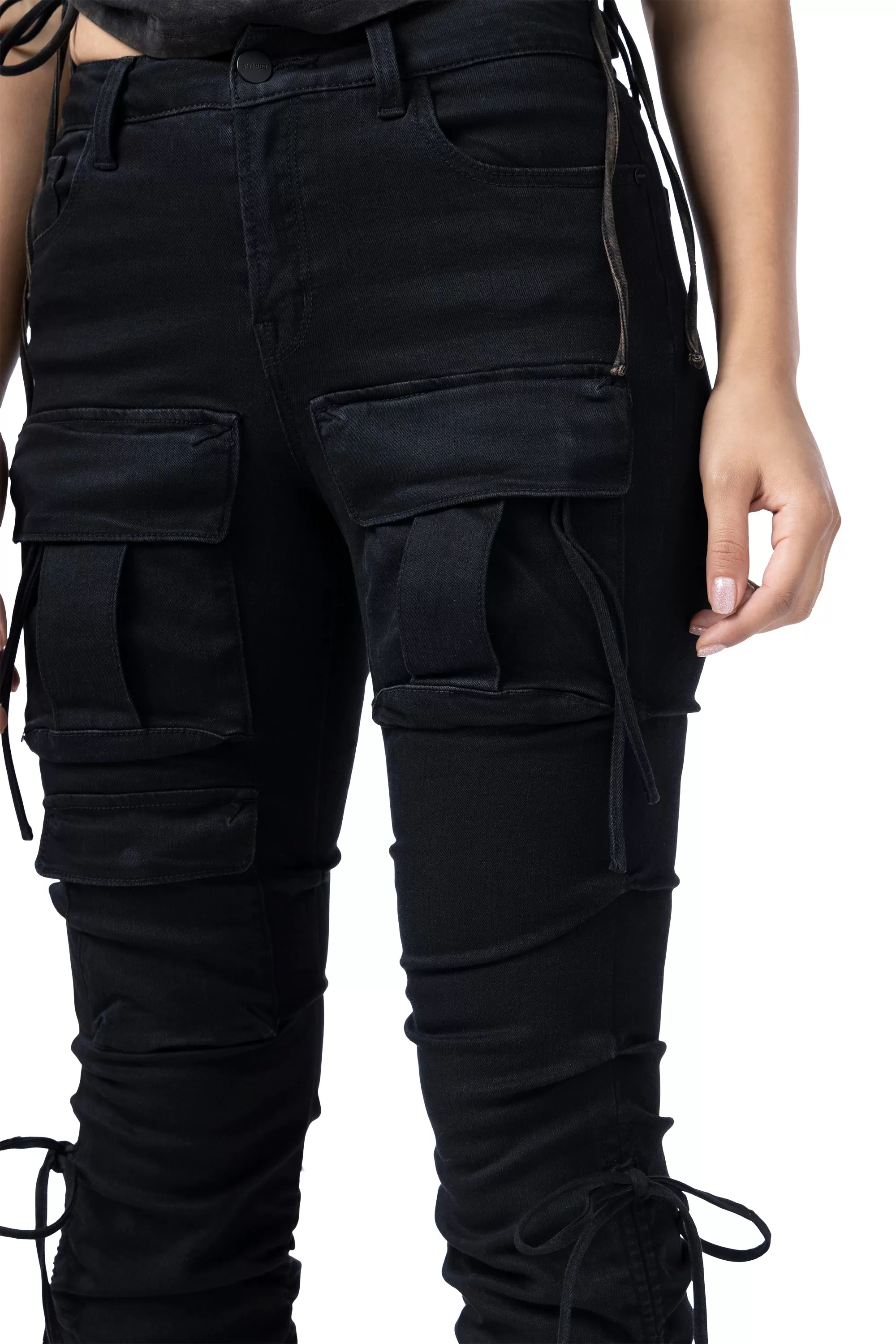 High Rise Strap Bootcut Twill Pants - Black