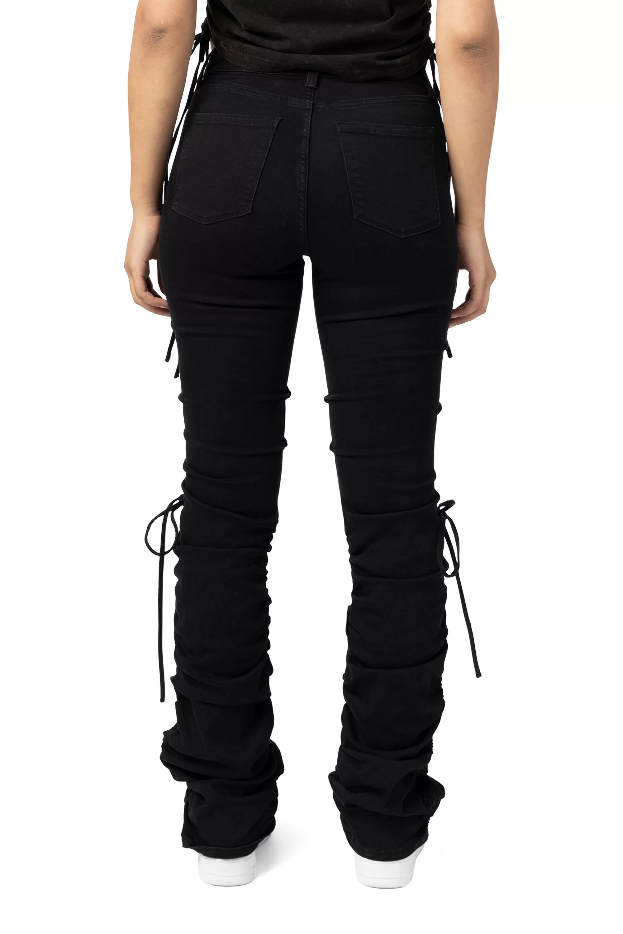 High Rise Strap Bootcut Twill Pants - Black