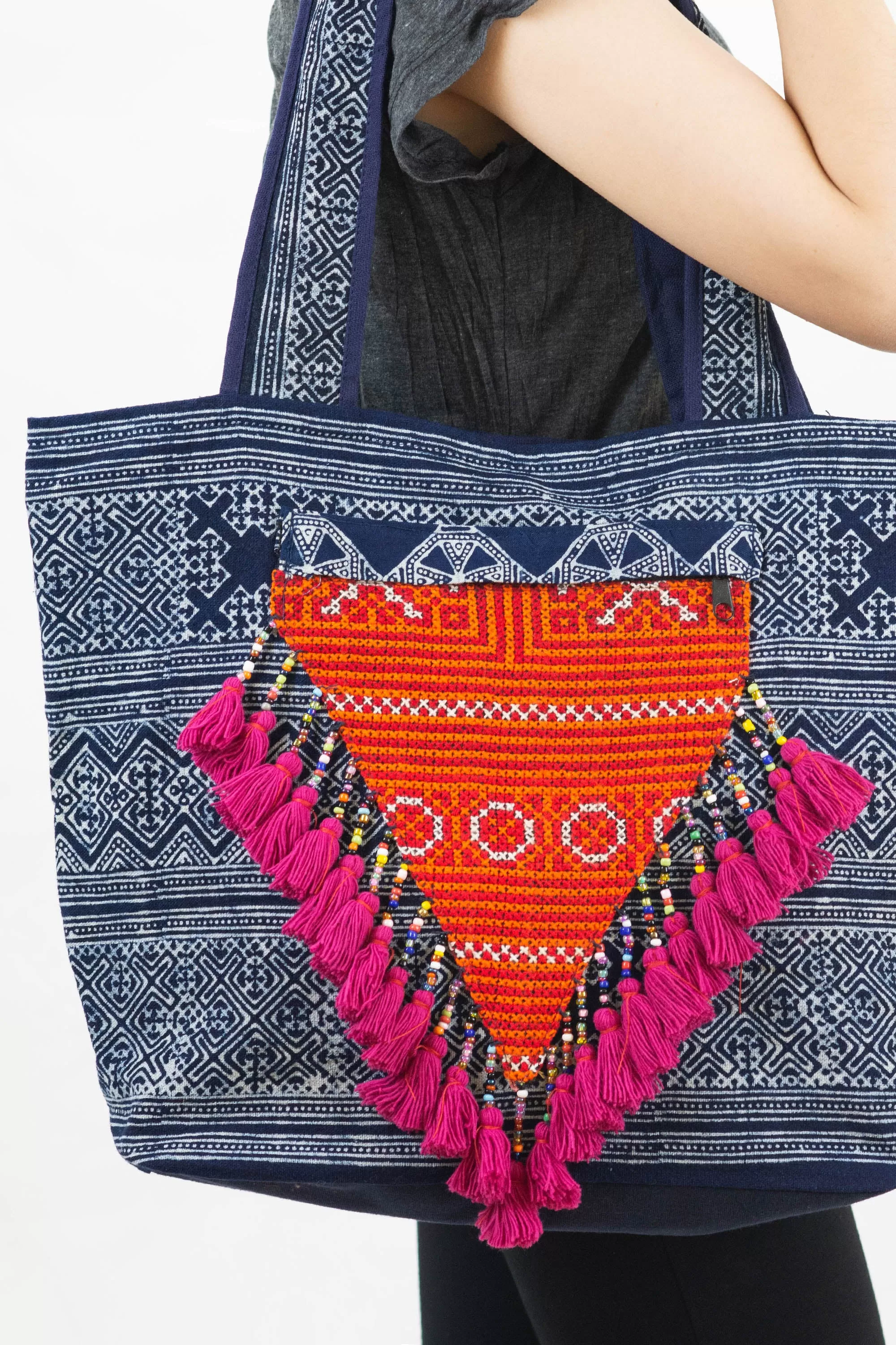 Hmong Indigo Batik and Embroidered Tote Bag with Pink Tassels