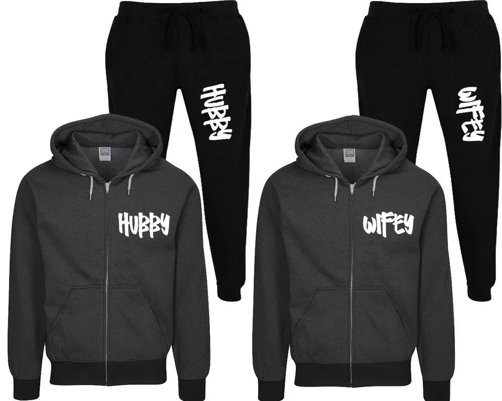 Hubby Wifey Couple Speckle Zipper Hoodies and Jogger Pants Matching Top&Bottom Sets