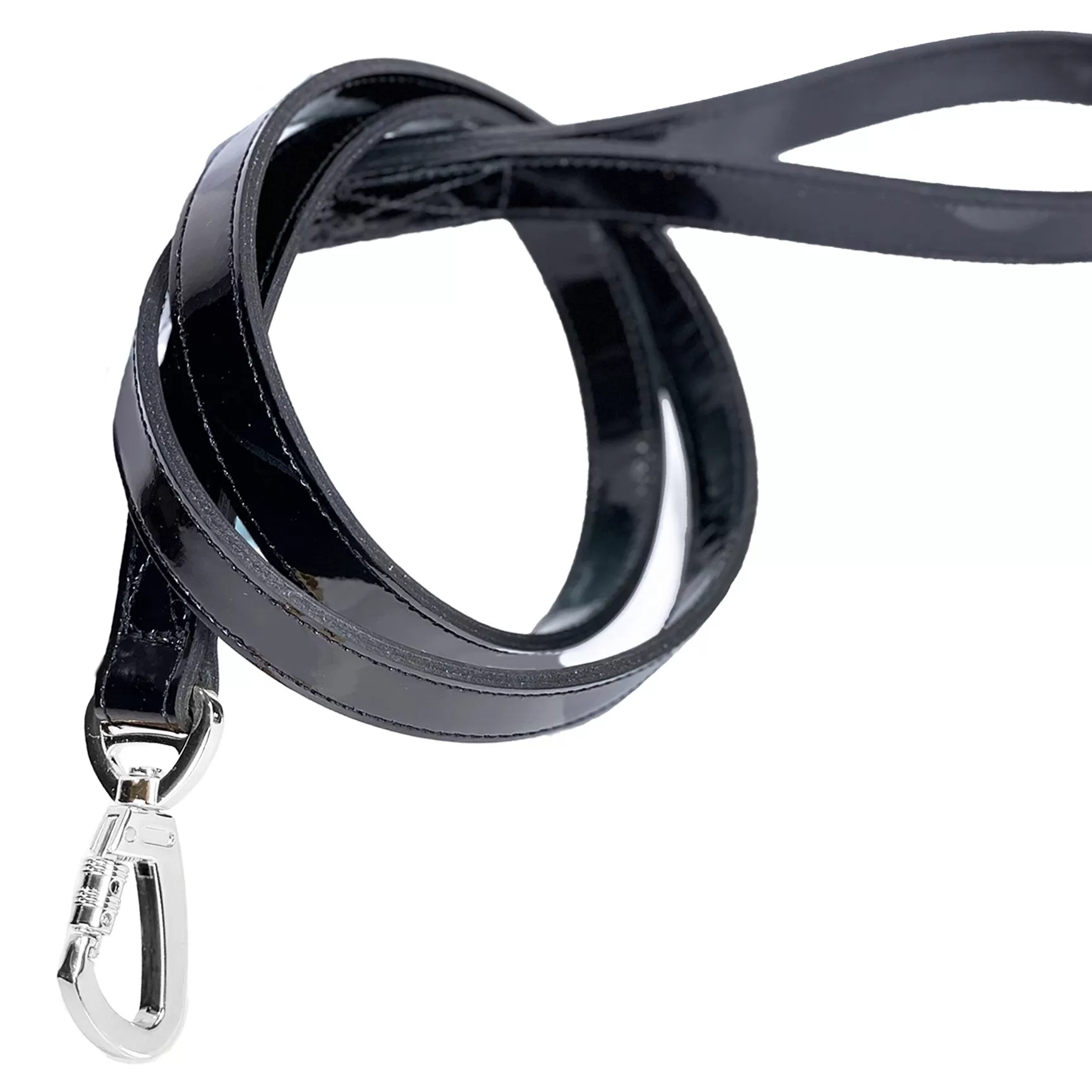 Italian Black Patent Leather Dog Leash in Nickel