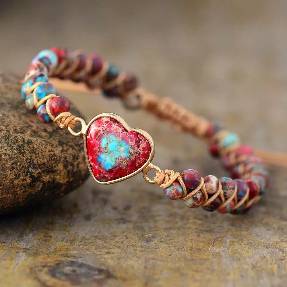 Jasper Heart Charm Braided Bracelet - red