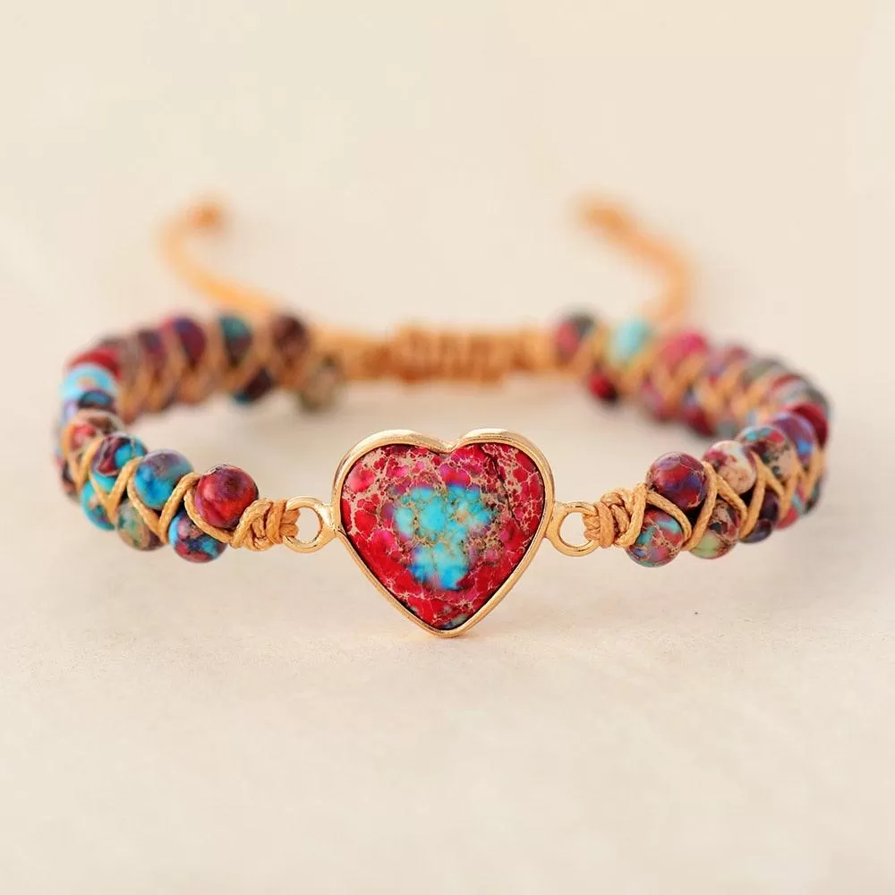 Jasper Heart Charm Braided Bracelet - red