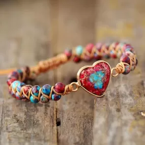 Jasper Heart Charm Braided Bracelet - red