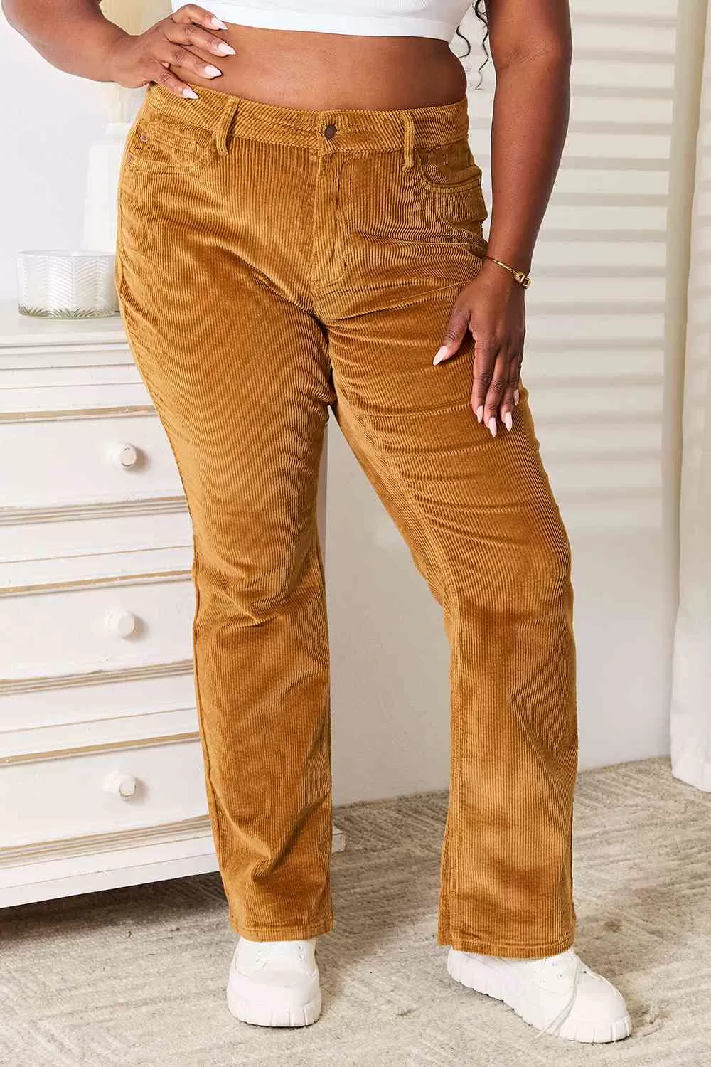 Judy Blue Mid Rise Corduroy Pants in  Camel