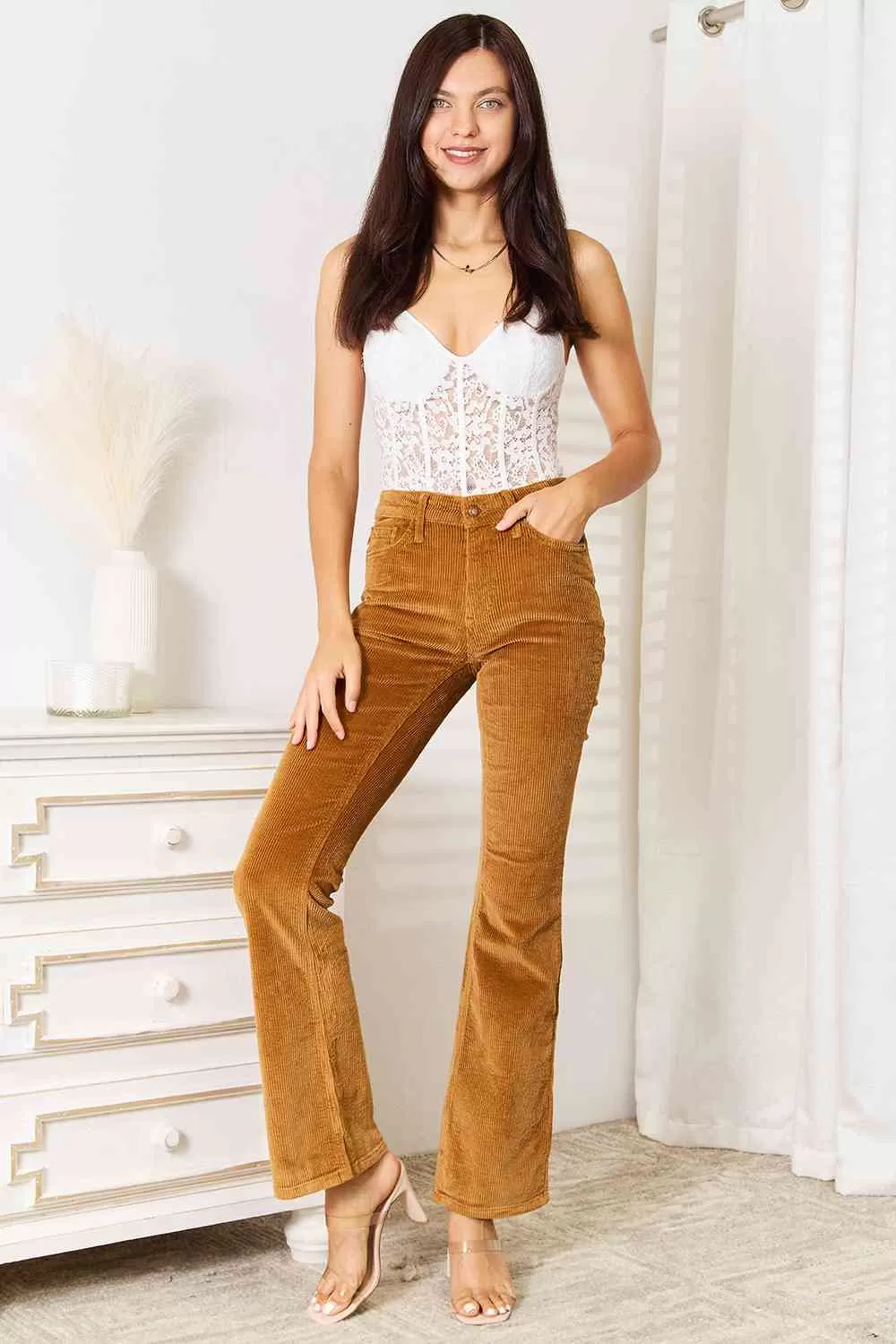 Judy Blue Mid Rise Corduroy Pants in  Camel