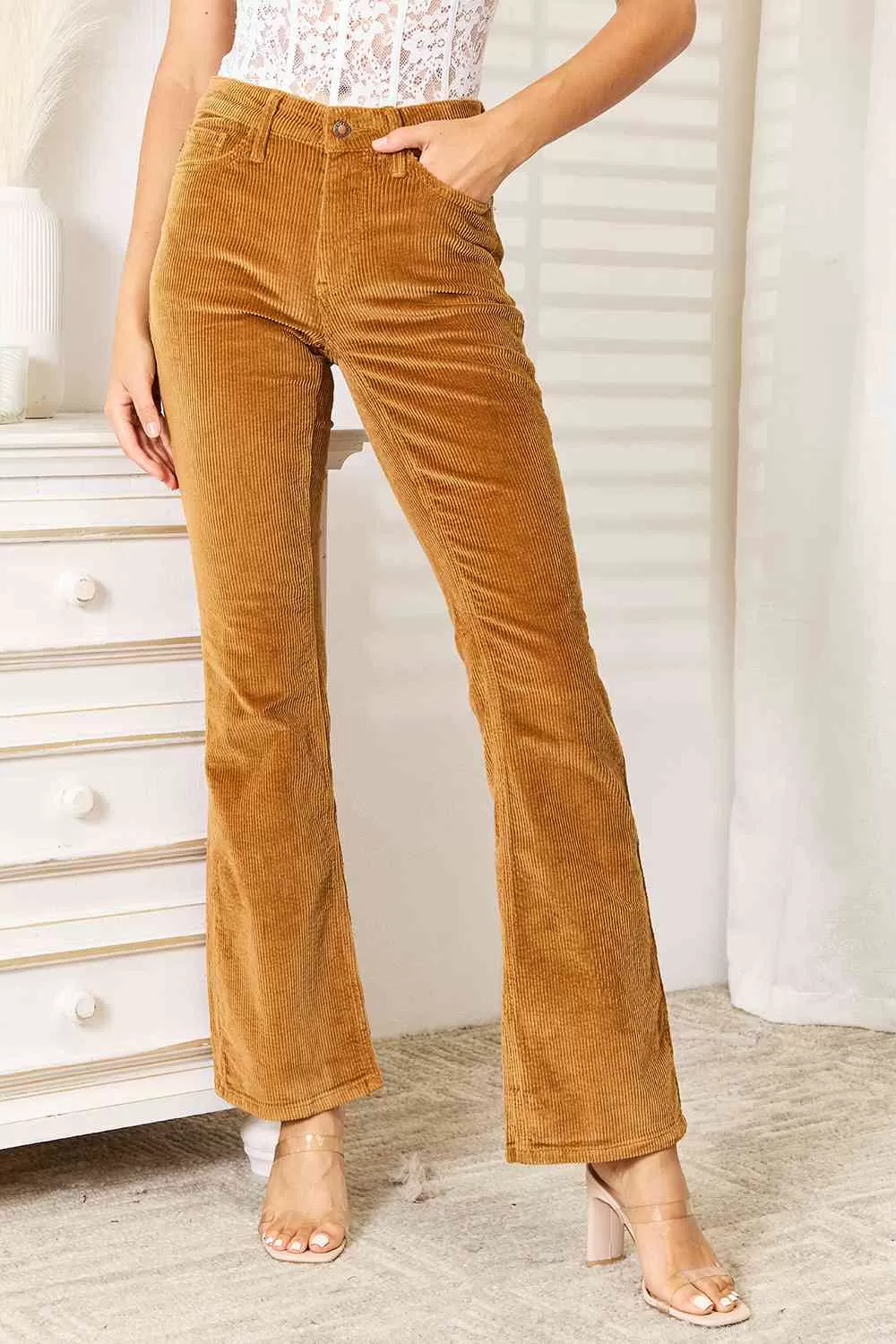 Judy Blue Mid Rise Corduroy Pants in  Camel