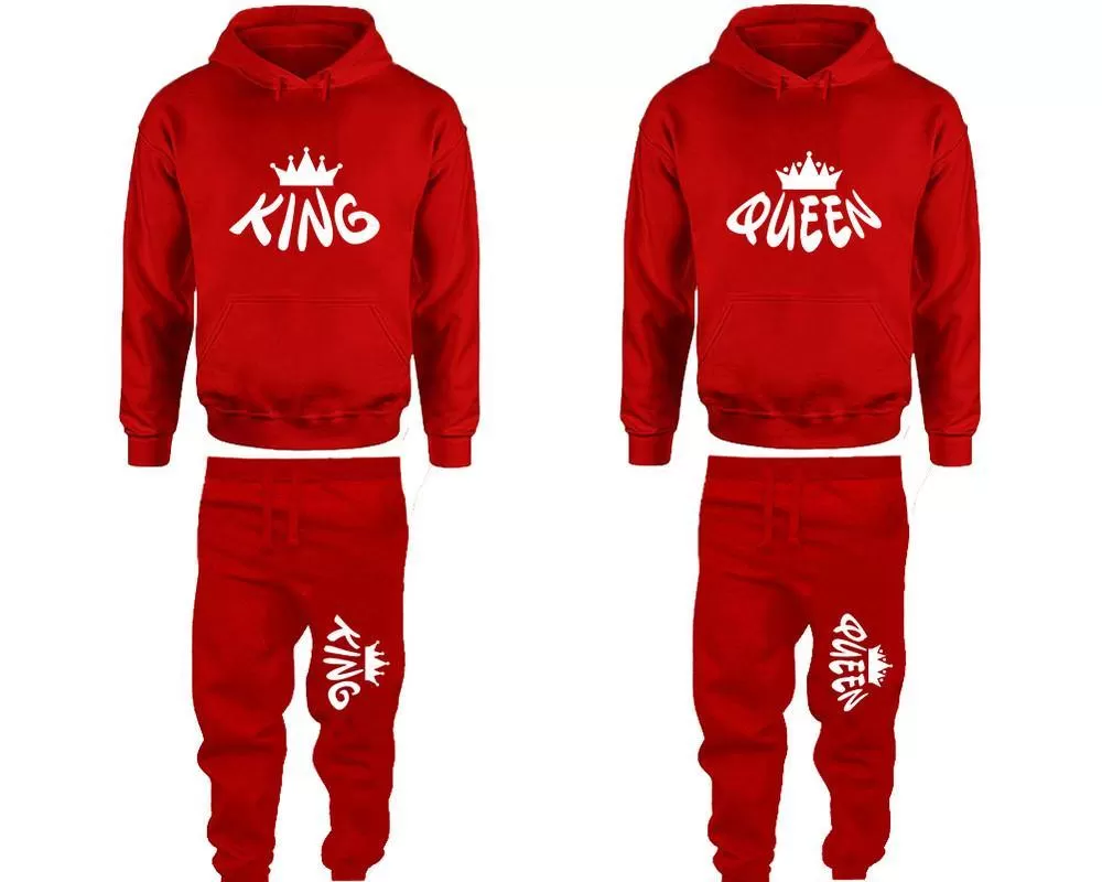 King Queen Couple Pullover Hoodie and Jogger Pants, Matching Top Bottom Sets