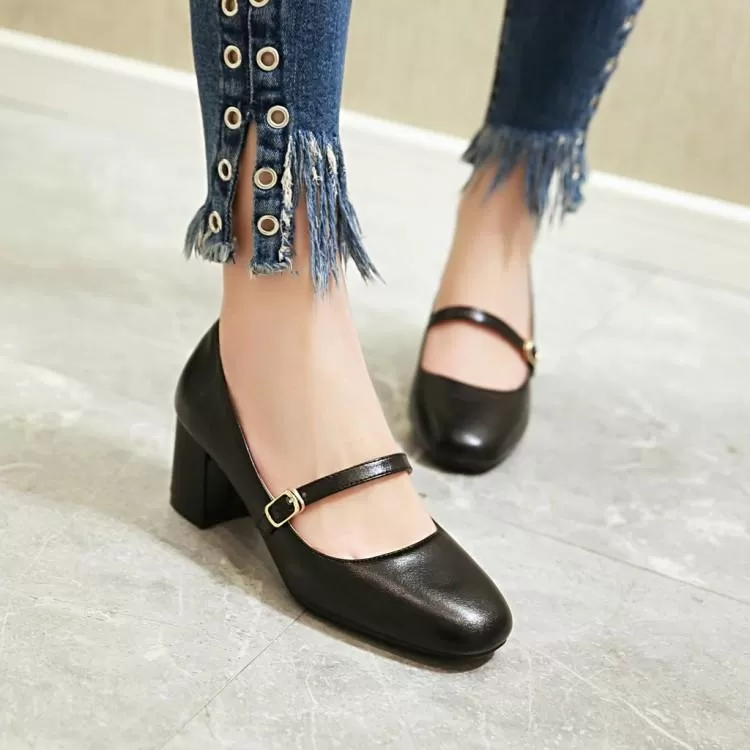 Lady Shallow Mouth Square Head Thick Heel Student Shoes Woman Chunky Heels Pumps