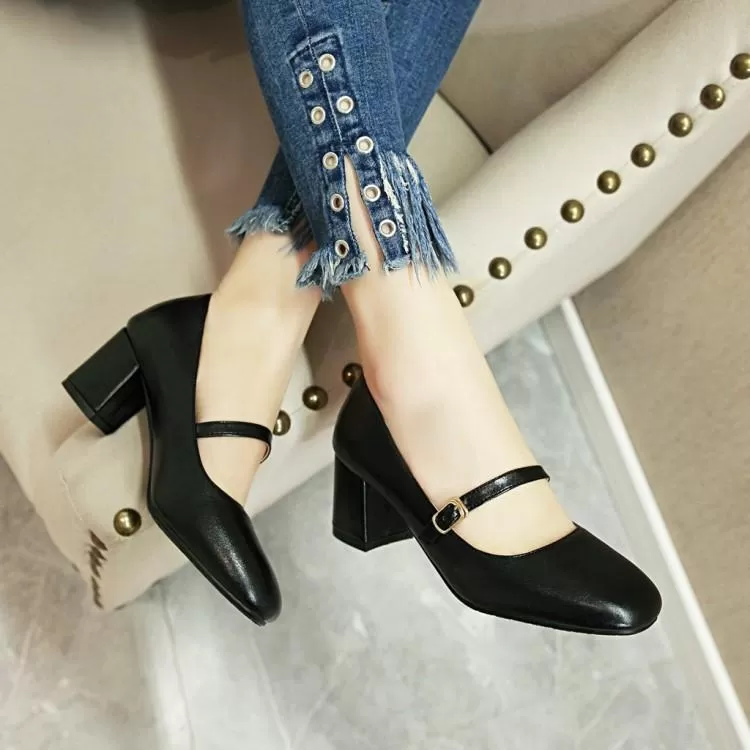 Lady Shallow Mouth Square Head Thick Heel Student Shoes Woman Chunky Heels Pumps