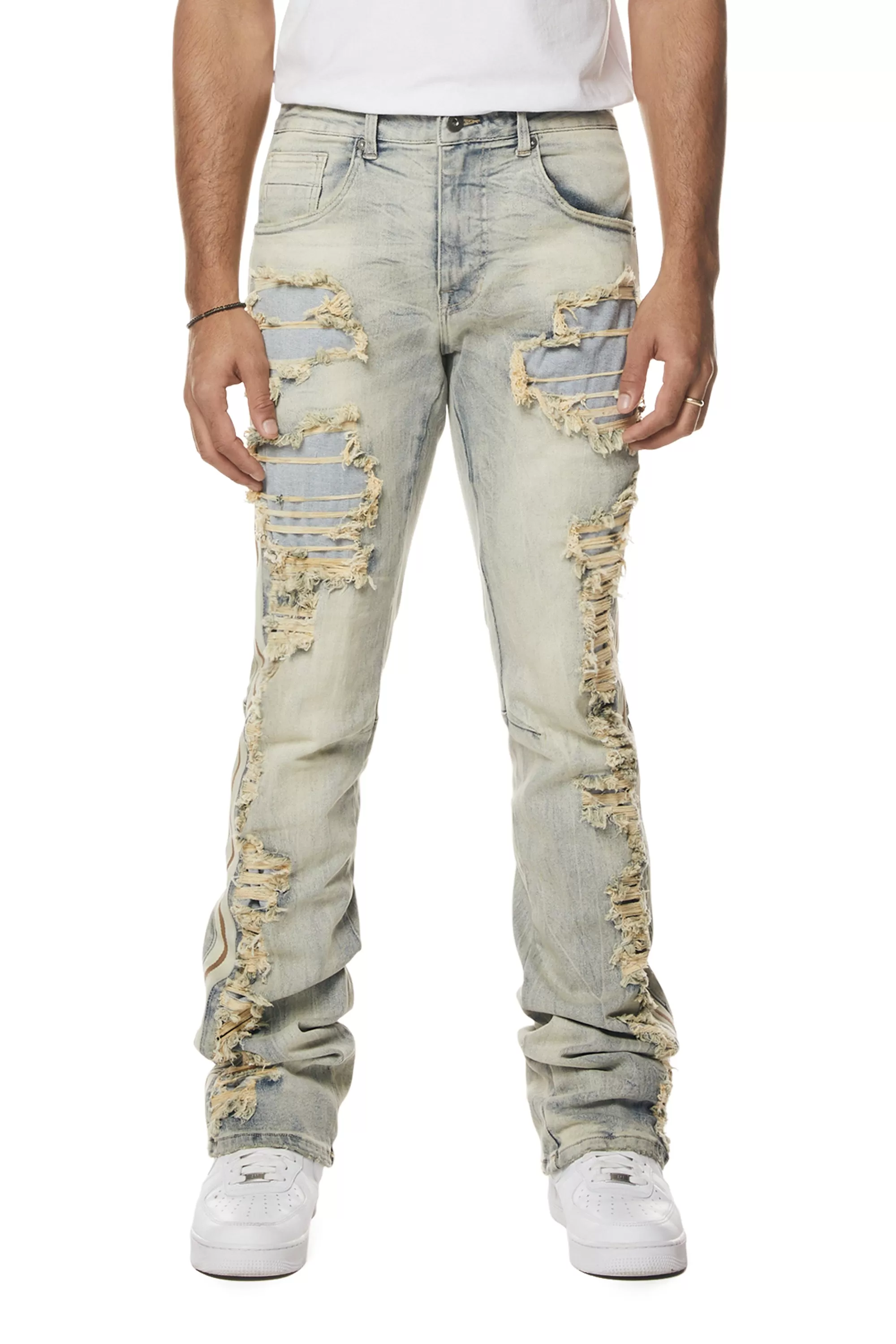 Laser Striped Stacked Denim Jeans - Maison Blue