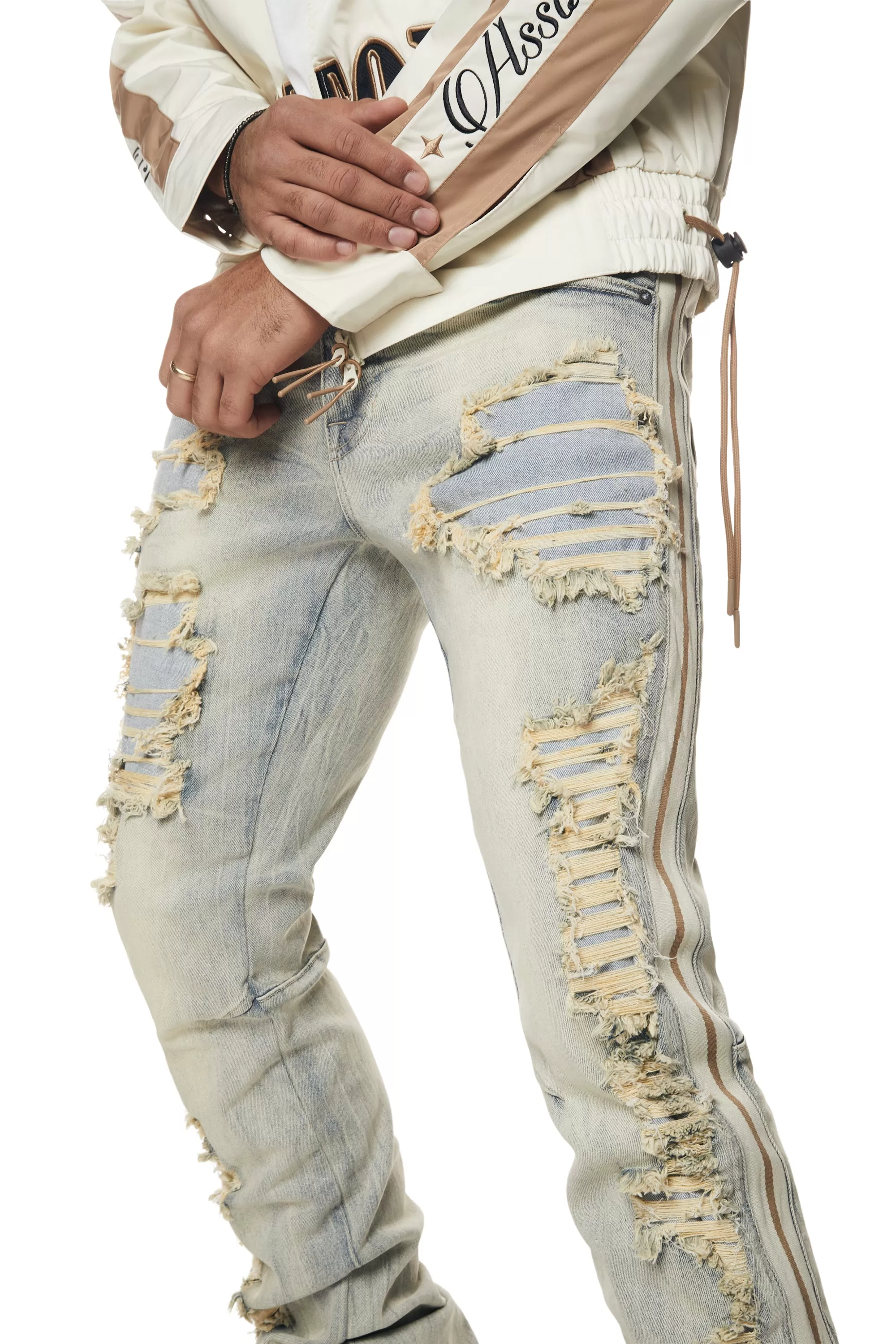 Laser Striped Stacked Denim Jeans - Maison Blue