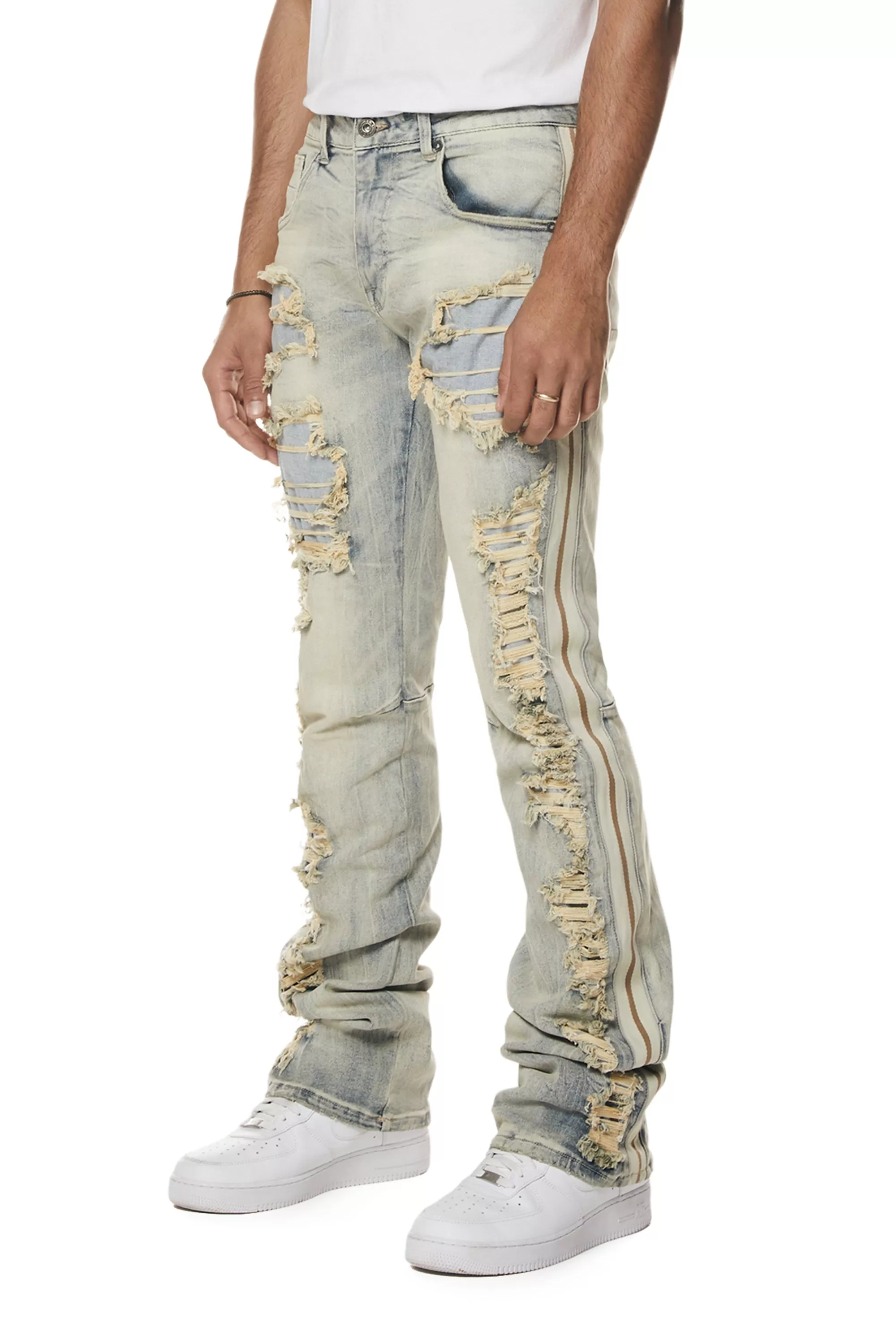 Laser Striped Stacked Denim Jeans - Maison Blue