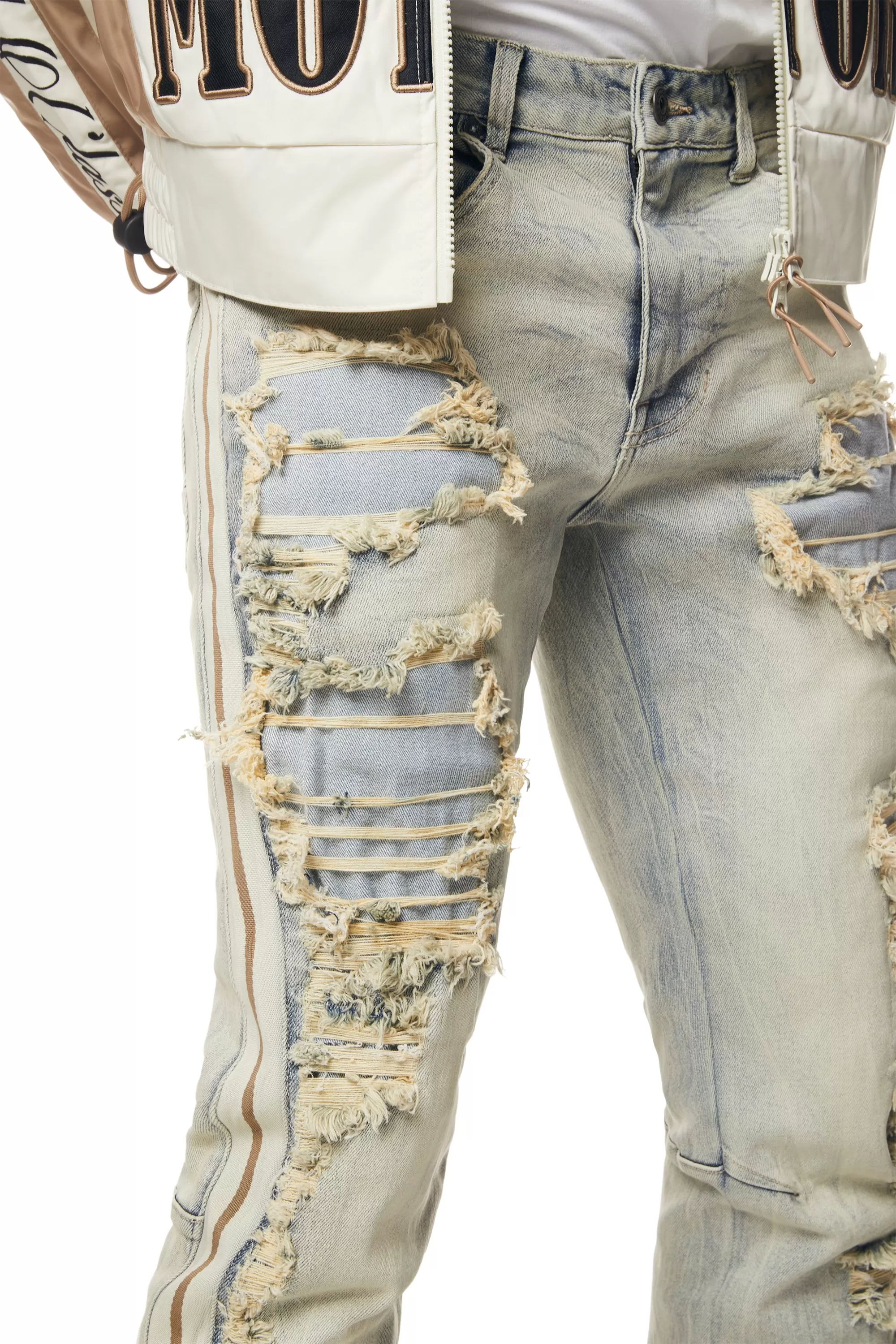 Laser Striped Stacked Denim Jeans - Maison Blue