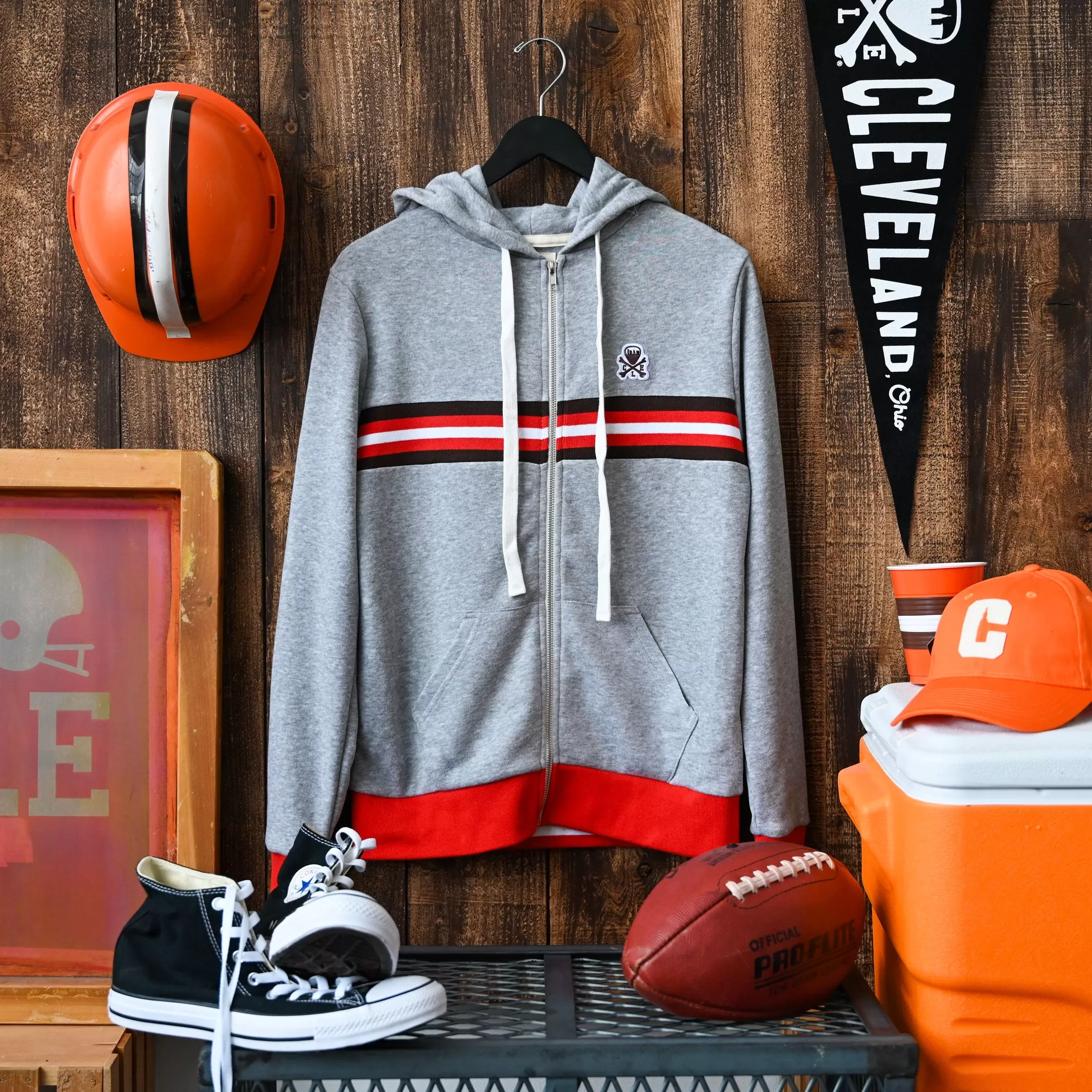 Limited Edition: CLE logo Patch Unisex Full Zip Hoodie - Brown/Orange Stripe