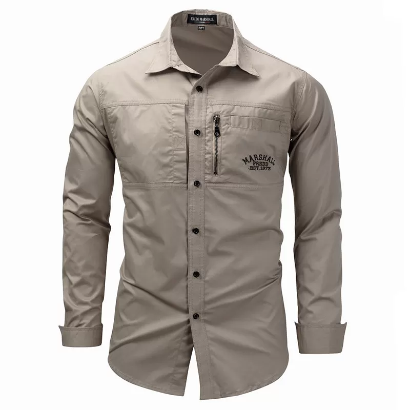 Long Sleeve Lapel Zipper Cotton Military Outdoor Casual Men Shirt