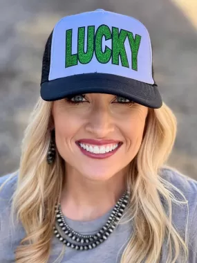 LUCKY Glitter Black/White Trucker Hat/Cap