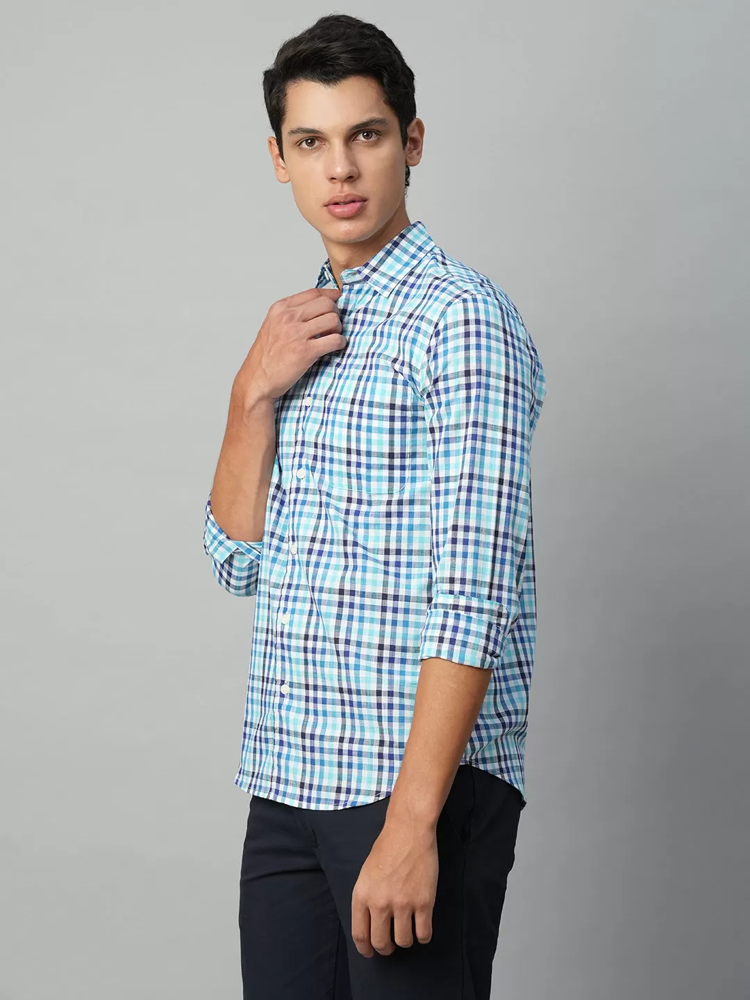 Men's Blue Cotton Regular Fit Checked Shirt