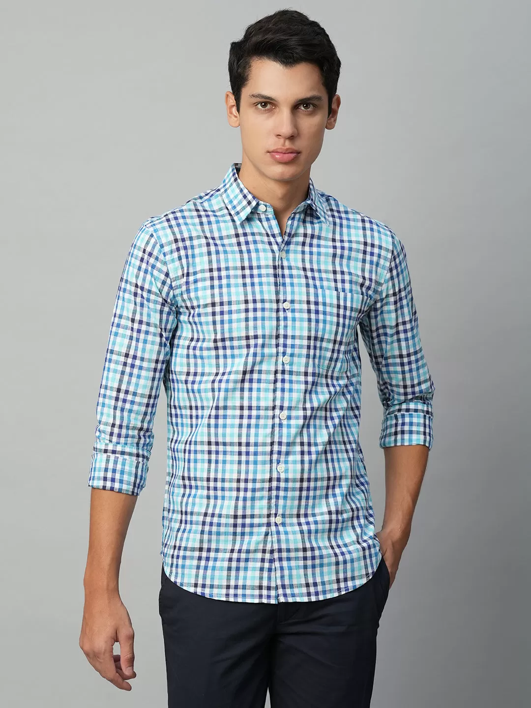 Men's Blue Cotton Regular Fit Checked Shirt