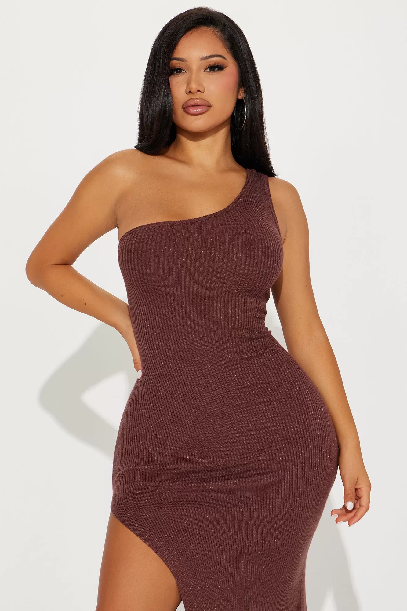 Milena Metallic Sweater Midi Dress - Brown