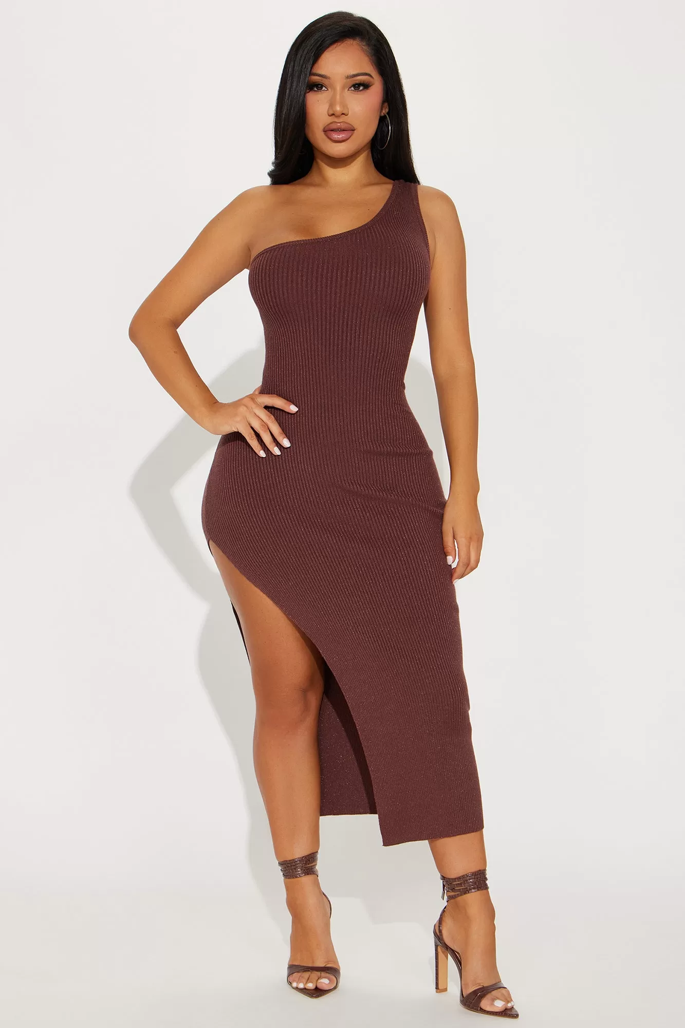 Milena Metallic Sweater Midi Dress - Brown