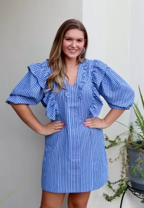 Molly Ruffle Dress | Blue Stripe