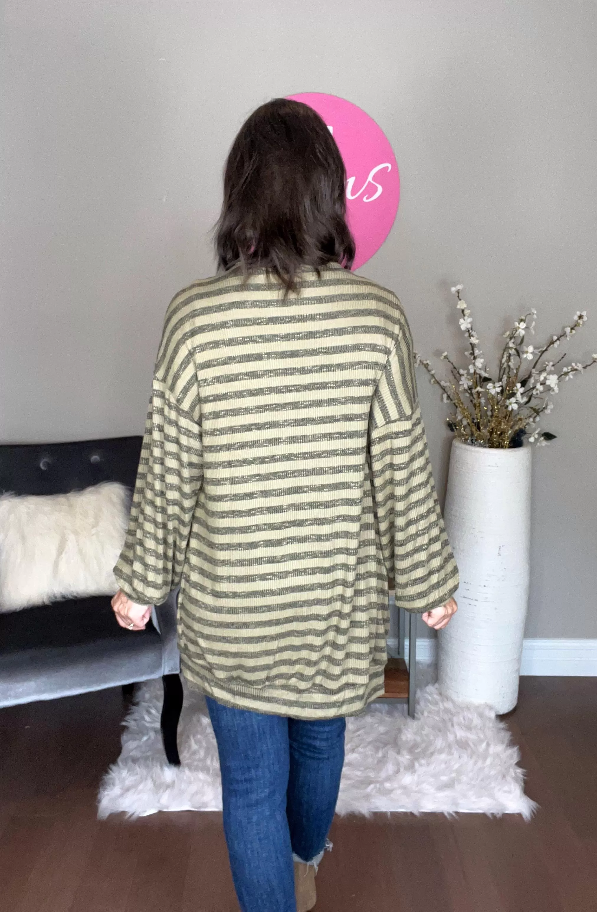 OLIVE STRIPED OPEN CARDIGAN