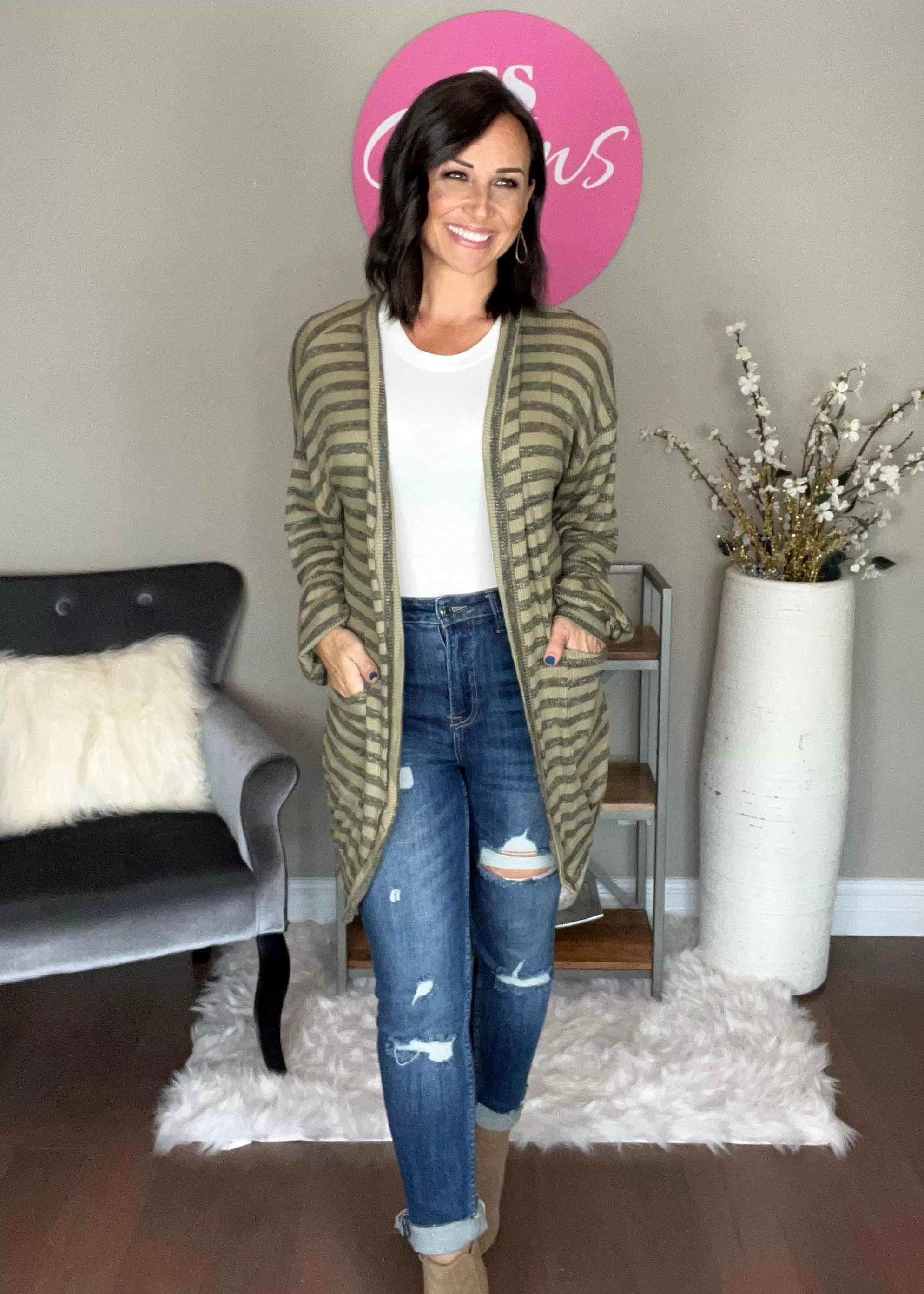 OLIVE STRIPED OPEN CARDIGAN