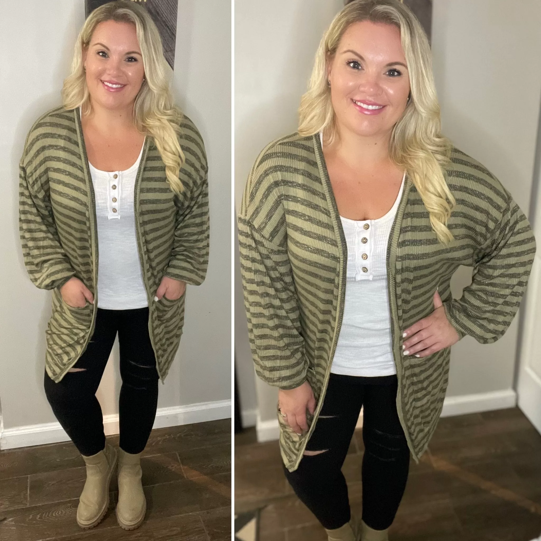 OLIVE STRIPED OPEN CARDIGAN