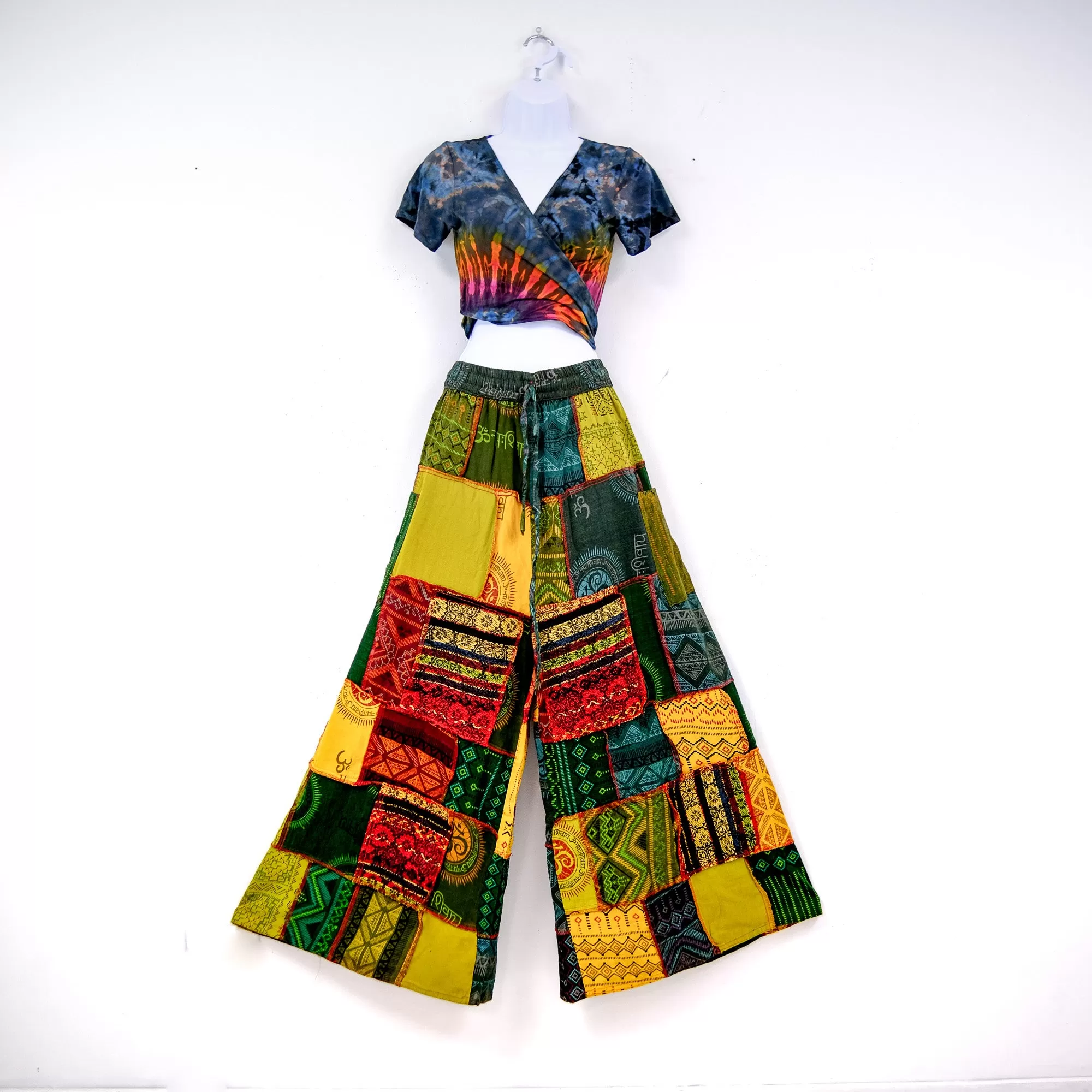 Patchwork Earth Tone Wide Leg Pants