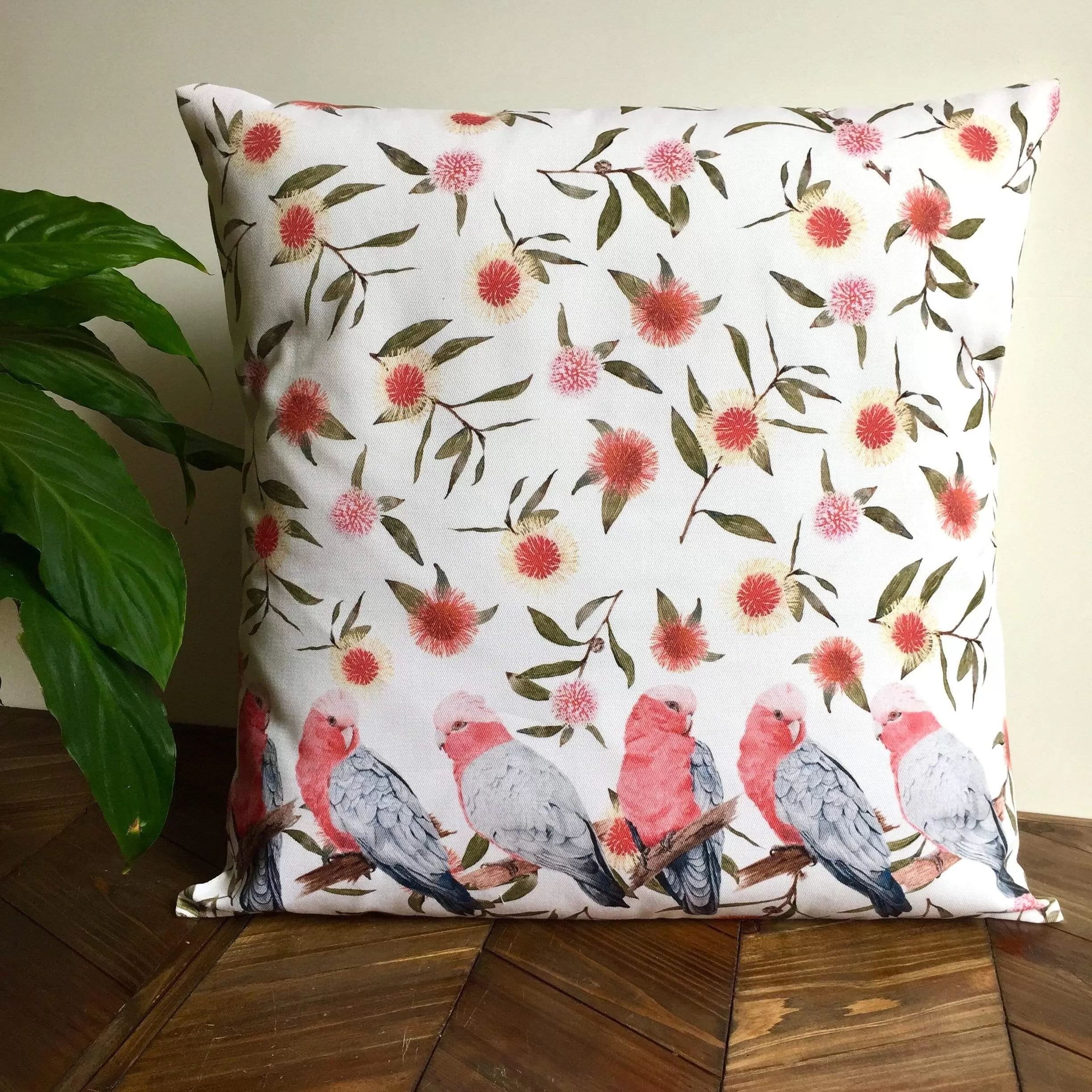 Pink and Grey Galah's Cushion Cover Cotton Drill