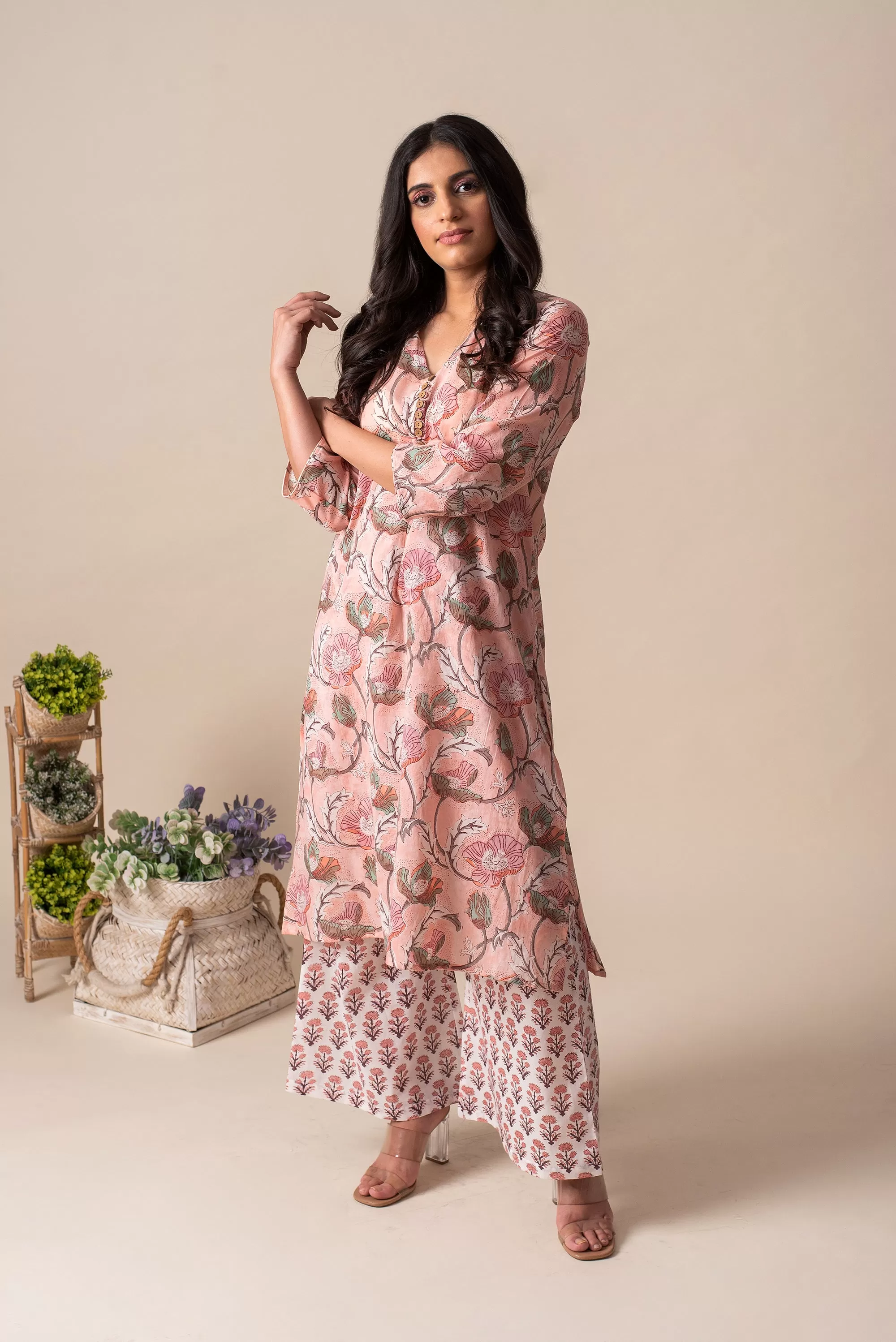 PINK FLORAL COTTON TUNIC WITH SCARF (SET OF 3)