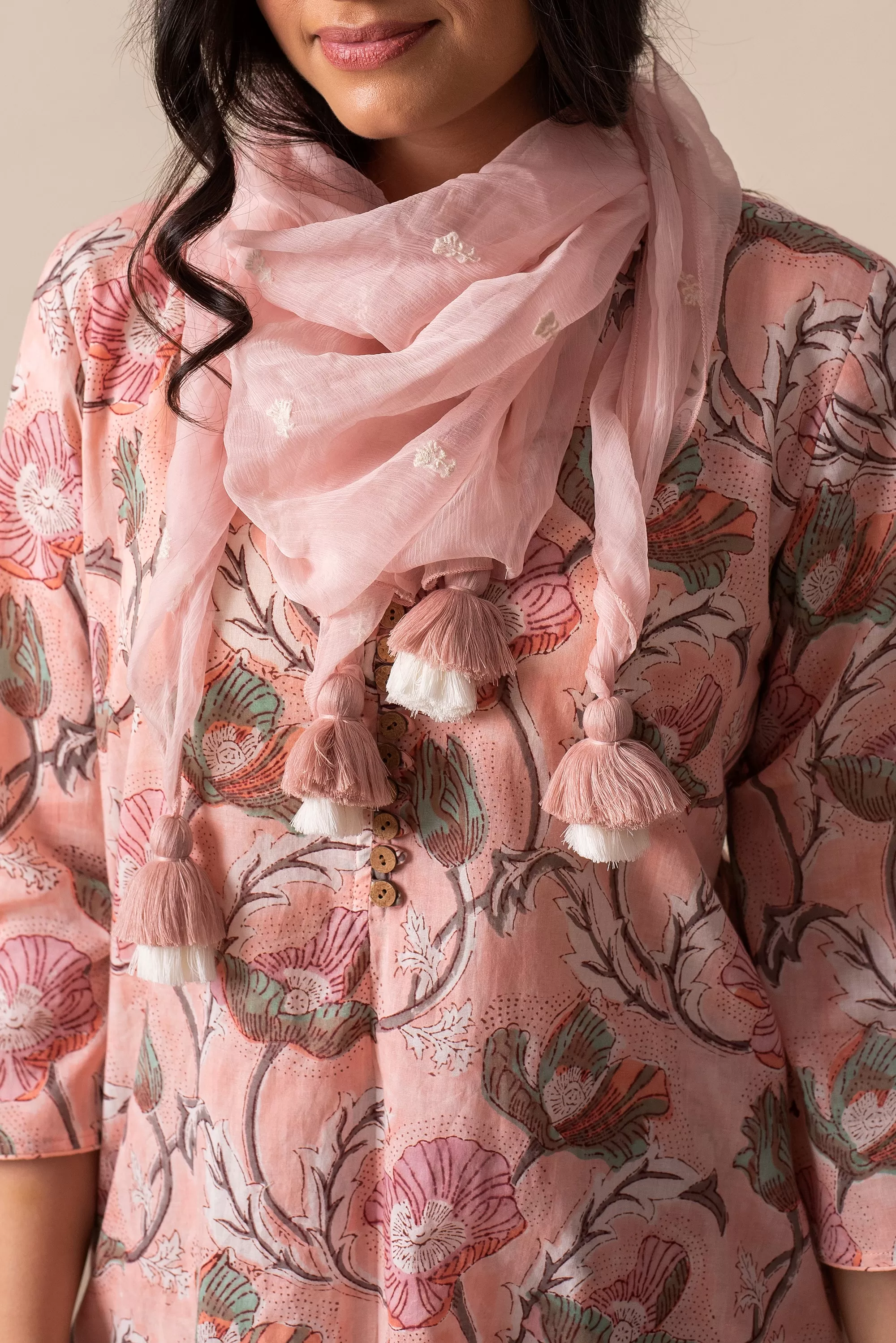 PINK FLORAL COTTON TUNIC WITH SCARF (SET OF 3)