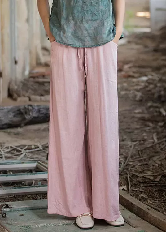 Pink Pockets Linen Wide Leg Pants Elastic Waist CG1036