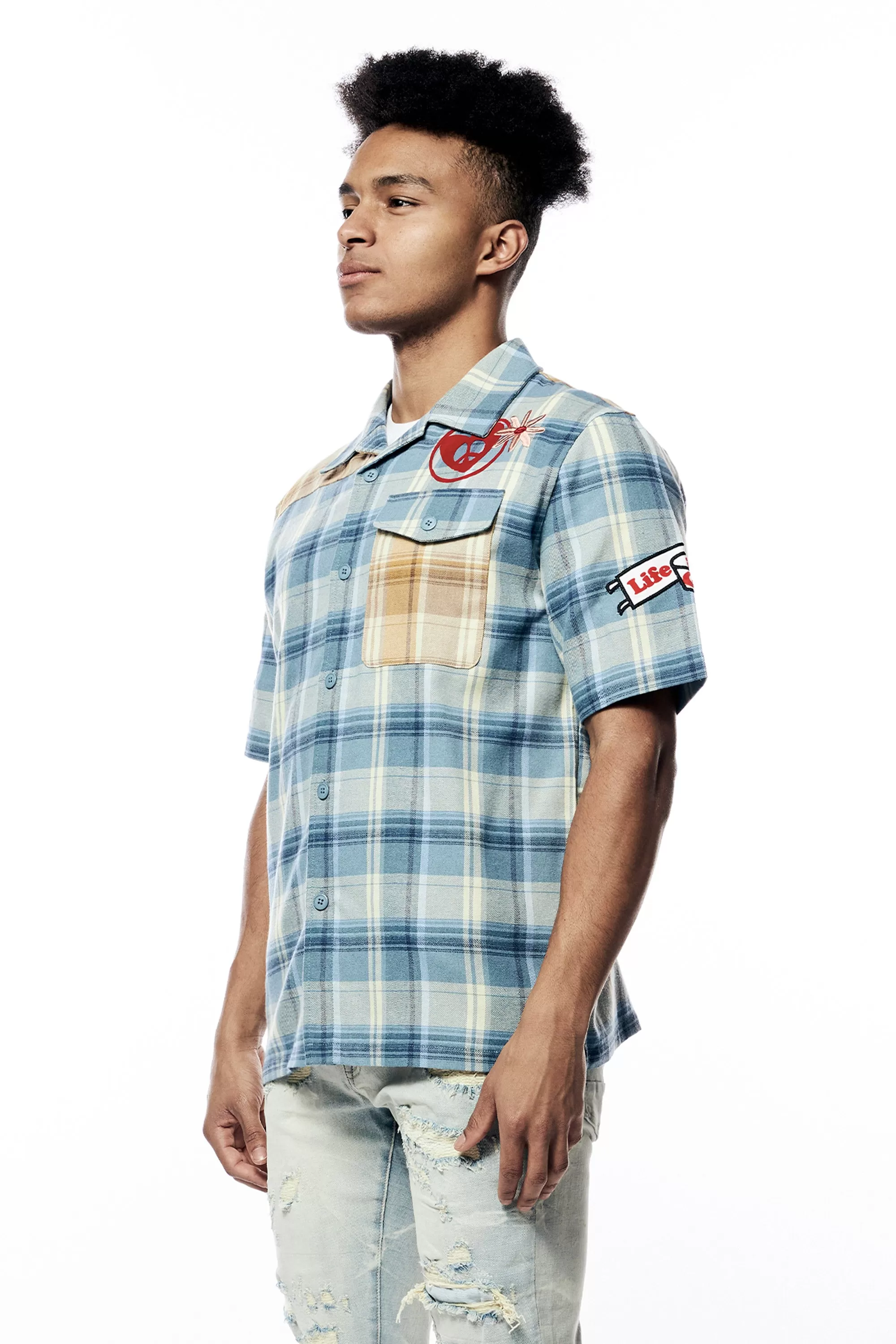 Plaid Color Block Graphic Shirt - Blue Plaid