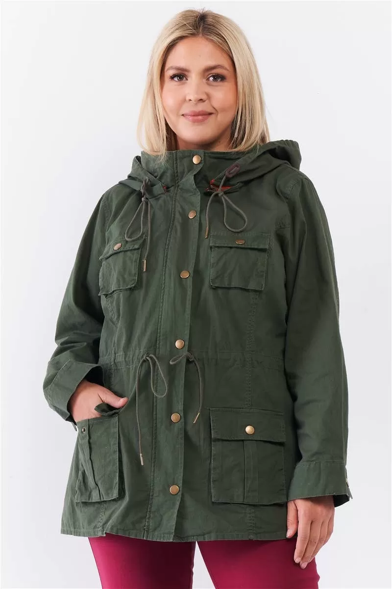 Plus Olive Cotton Front Zip-Up & Button Down Jacket